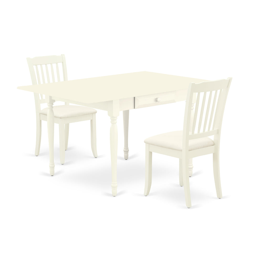 Juego de mesa de comedor de 3 piezas East West Furniture MZDA3-LWH-C. Incluye una mesa de cocina rectangular con alas abatibles y dos sillas de comedor tapizadas en tela de lino.