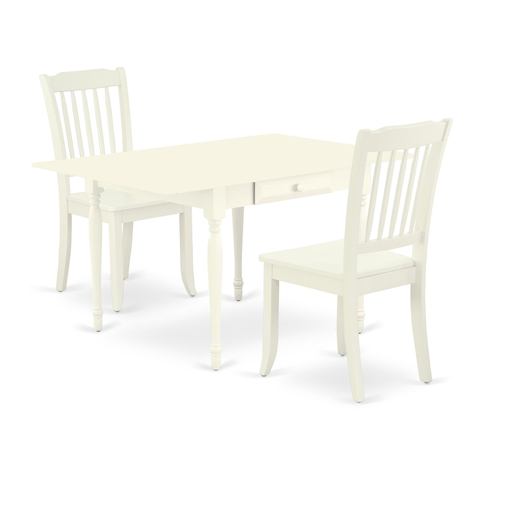 Juego de comedor de 3 piezas East West Furniture MZDA3-LWH-W. Incluye una mesa de cocina rectangular con alas abatibles y 2 sillas de comedor.