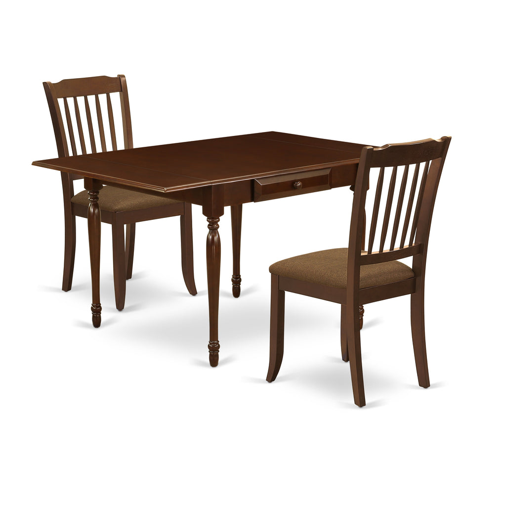 East West Furniture MZDA3-MAH-C 3 Piece Kitchen Table Set for Small Spaces Contains a Rectangle Dining Table with Dropleaf and 2 Linen Fabric Upholstered Chairs