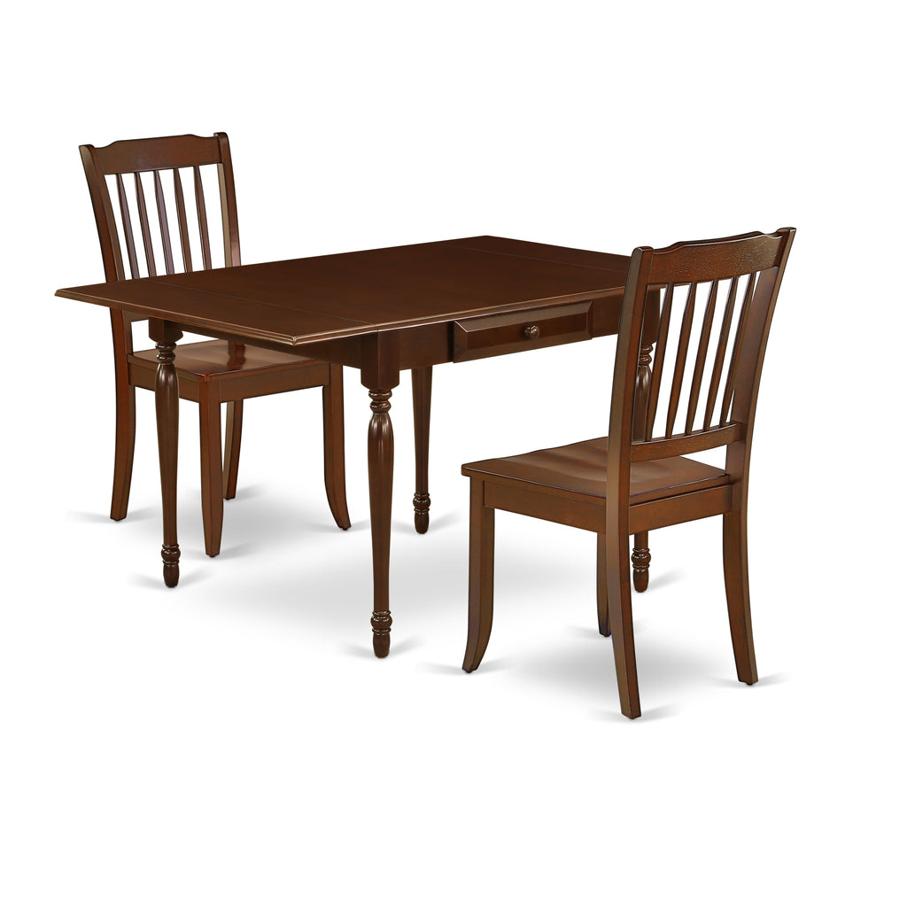 East West Furniture MZDA3-MAH-W 3 Piece Dining Room Furniture Set Contains a Rectangle Kitchen Table with Dropleaf and 2 Dining Chairs