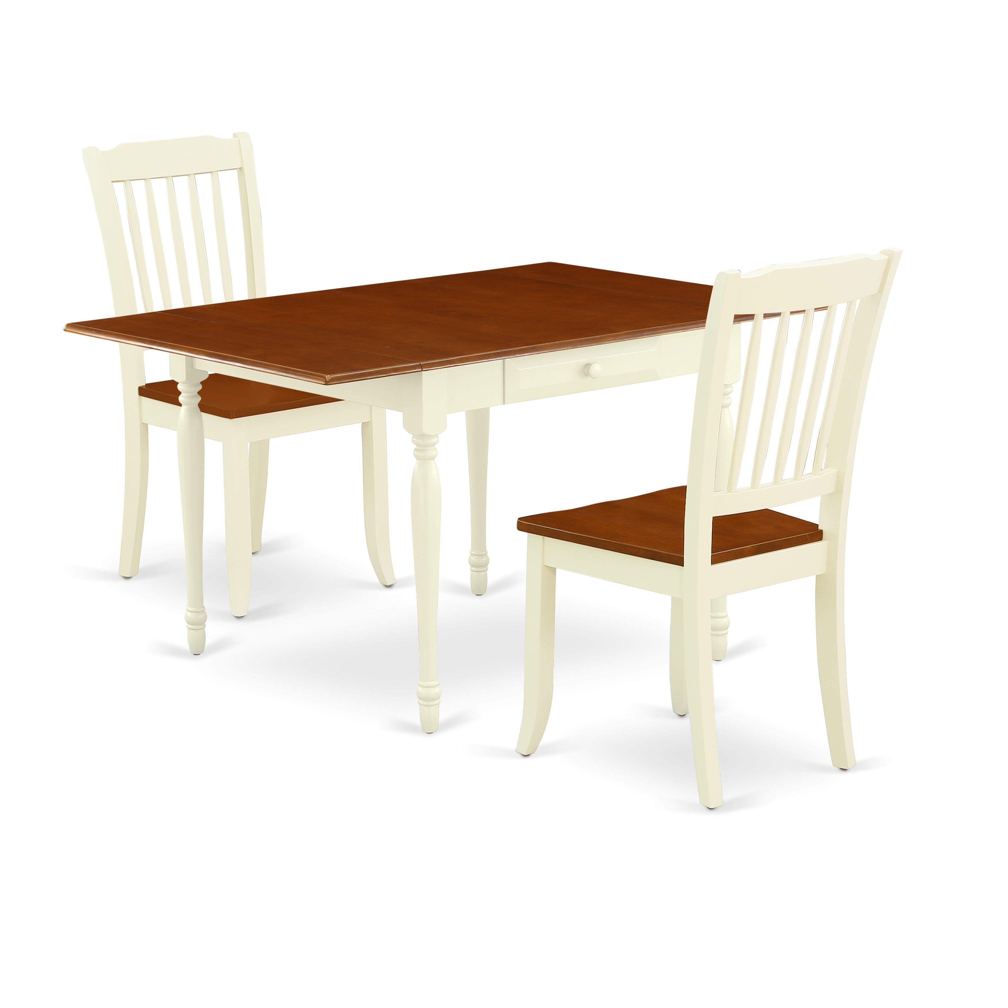 Juego de mesa de comedor de 3 piezas East West Furniture MZDA3-WHI-W para espacios pequeños. Contiene una mesa de comedor rectangular con alas abatibles y 2 sillas con asiento de madera.