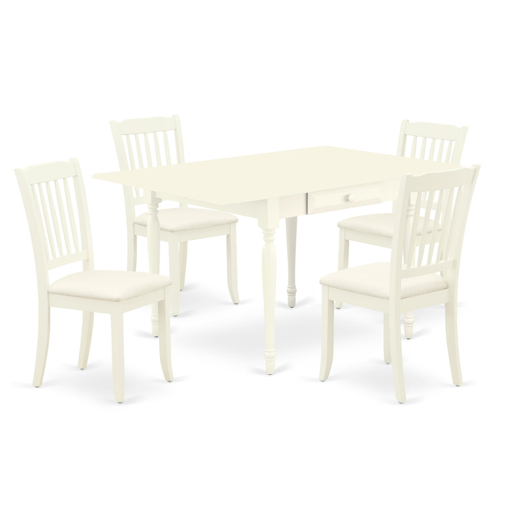El juego de mesa de comedor de 5 piezas East West Furniture MZDA5-LWH-C incluye una mesa de cocina rectangular con alas abatibles y 4 sillas de comedor tapizadas en tela de lino.