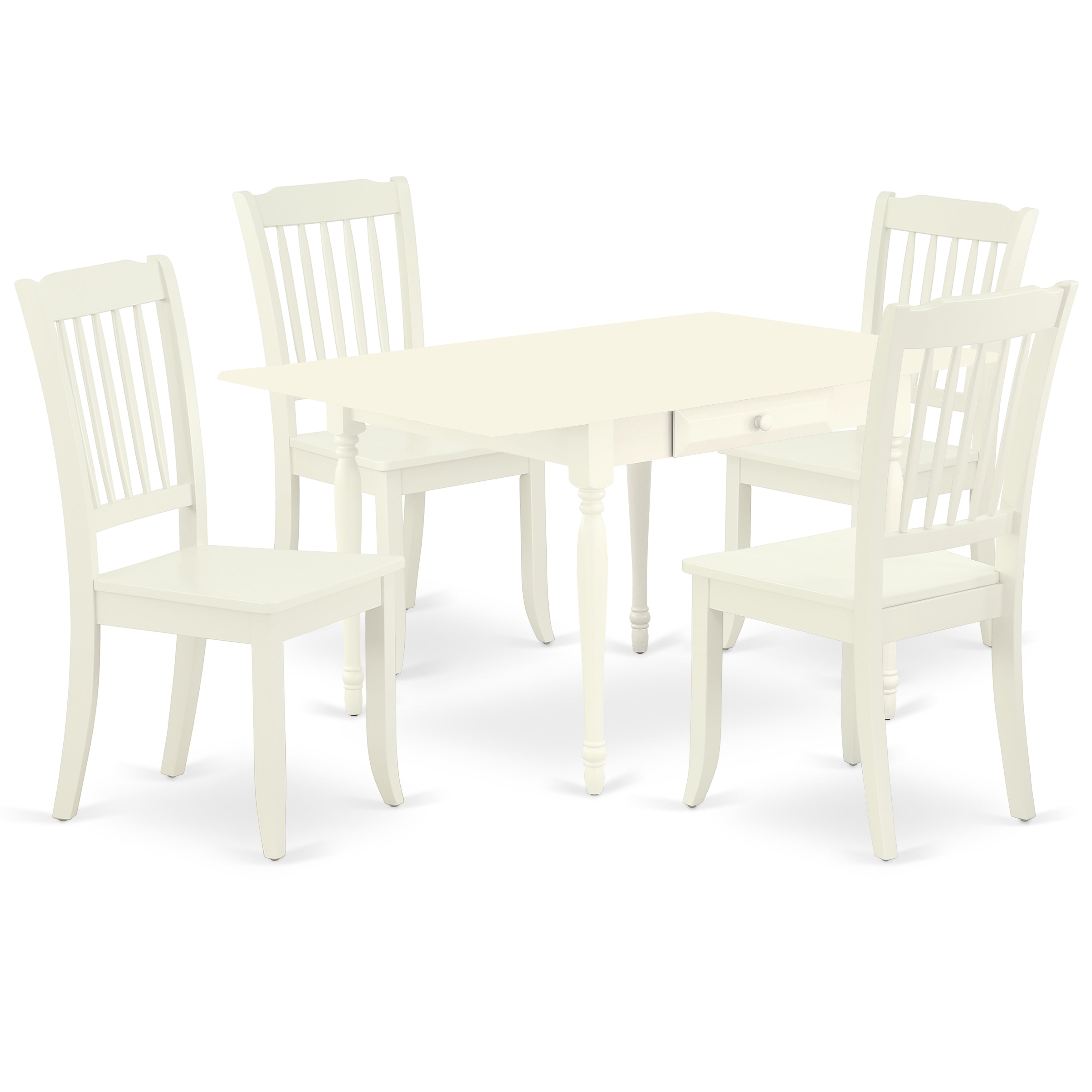 East West Furniture MZDA5-LWH-W 5Pc Modern Dining Table Set Includes a Wood Table and 4 Modern Dining Chairs with Solid Wood Seat, Drop Leaf Table with Slat Back Chairs, Linen White Finish