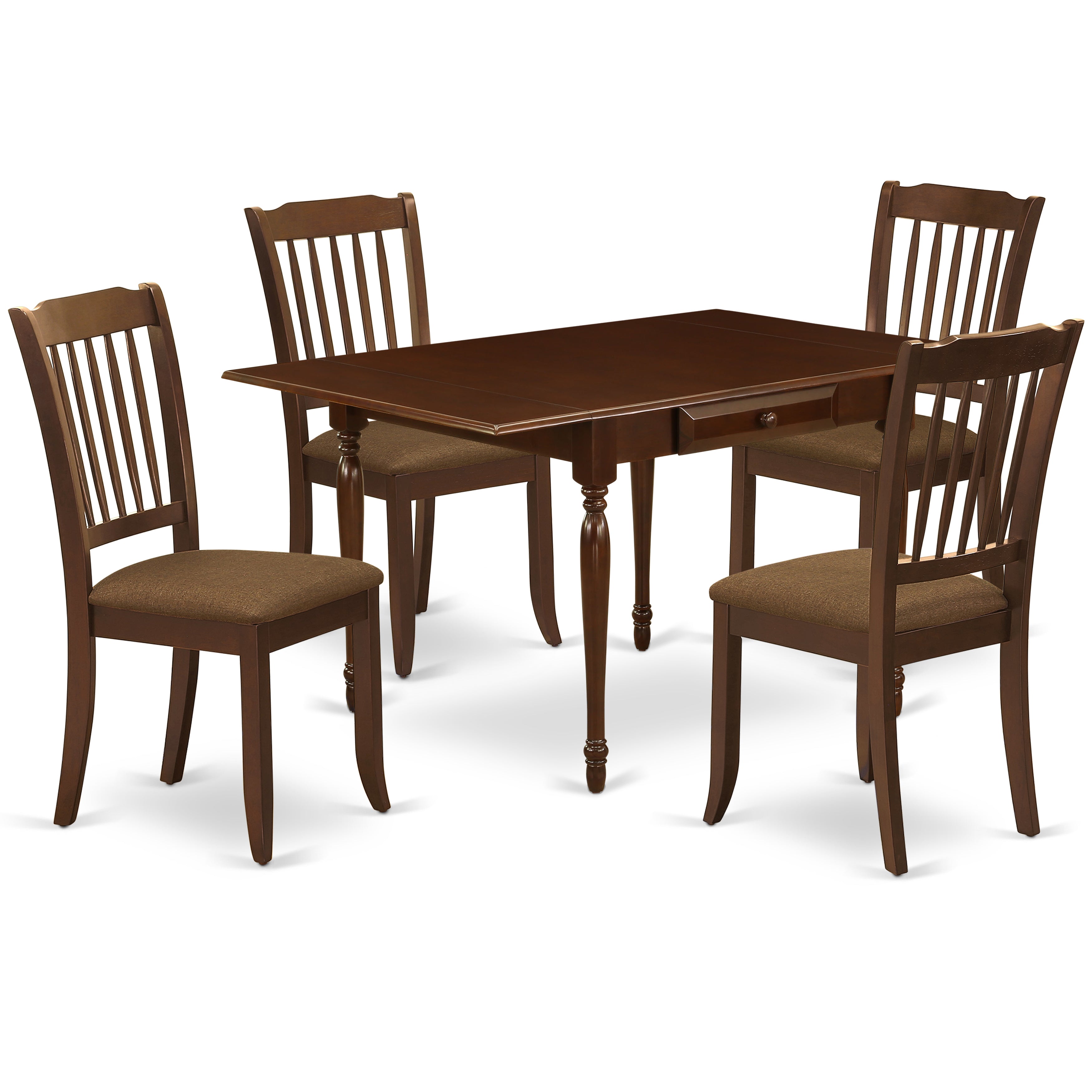 Juego de mesa de cocina de 5 piezas East West Furniture MZDA5-MAH-C para 4 personas. Incluye una mesa de comedor rectangular con alas abatibles y 4 sillas de comedor de tela de lino.