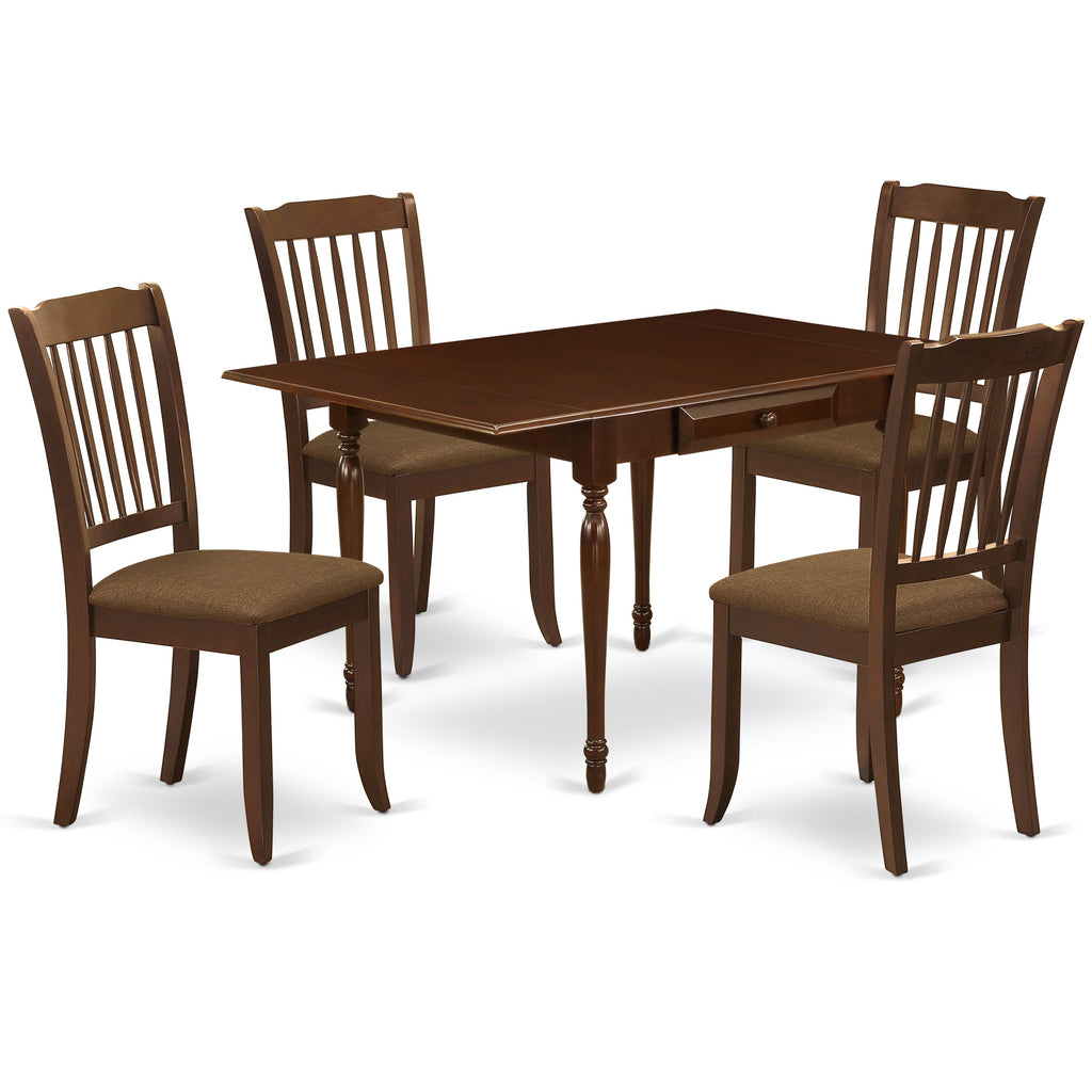 Juego de mesa de cocina de 5 piezas East West Furniture MZDA5-MAH-C para 4 personas. Incluye una mesa de comedor rectangular con alas abatibles y 4 sillas de comedor de tela de lino.