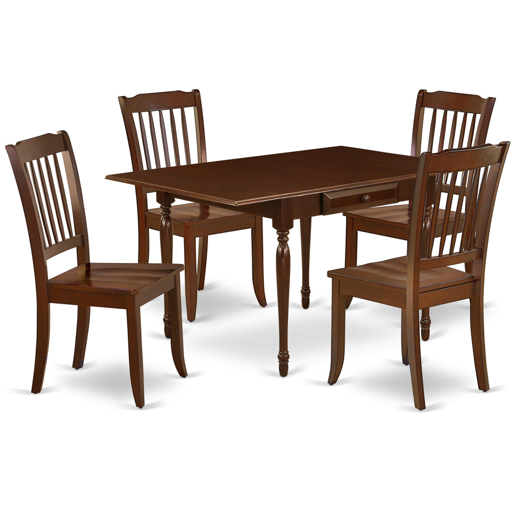 Juego de mesa y sillas de cocina de 5 piezas East West Furniture MZDA5-MAH-W. Incluye una mesa de comedor rectangular con alas abatibles y 4 sillas de comedor.