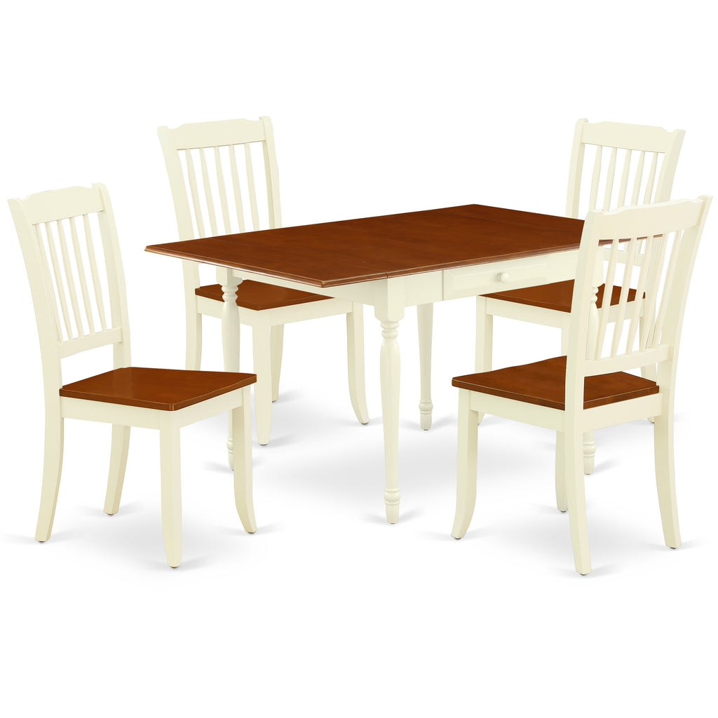 El juego de comedor de 5 piezas East West Furniture MZDA5-WHI-W incluye una mesa de comedor rectangular con alas abatibles y 4 sillas con asiento de madera.