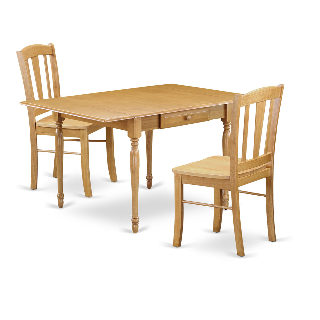 Juego de mesa de cocina de 3 piezas East West Furniture MZDL3-OAK-W para espacios pequeños. Incluye una mesa de comedor rectangular con alas abatibles y 2 sillas de comedor.