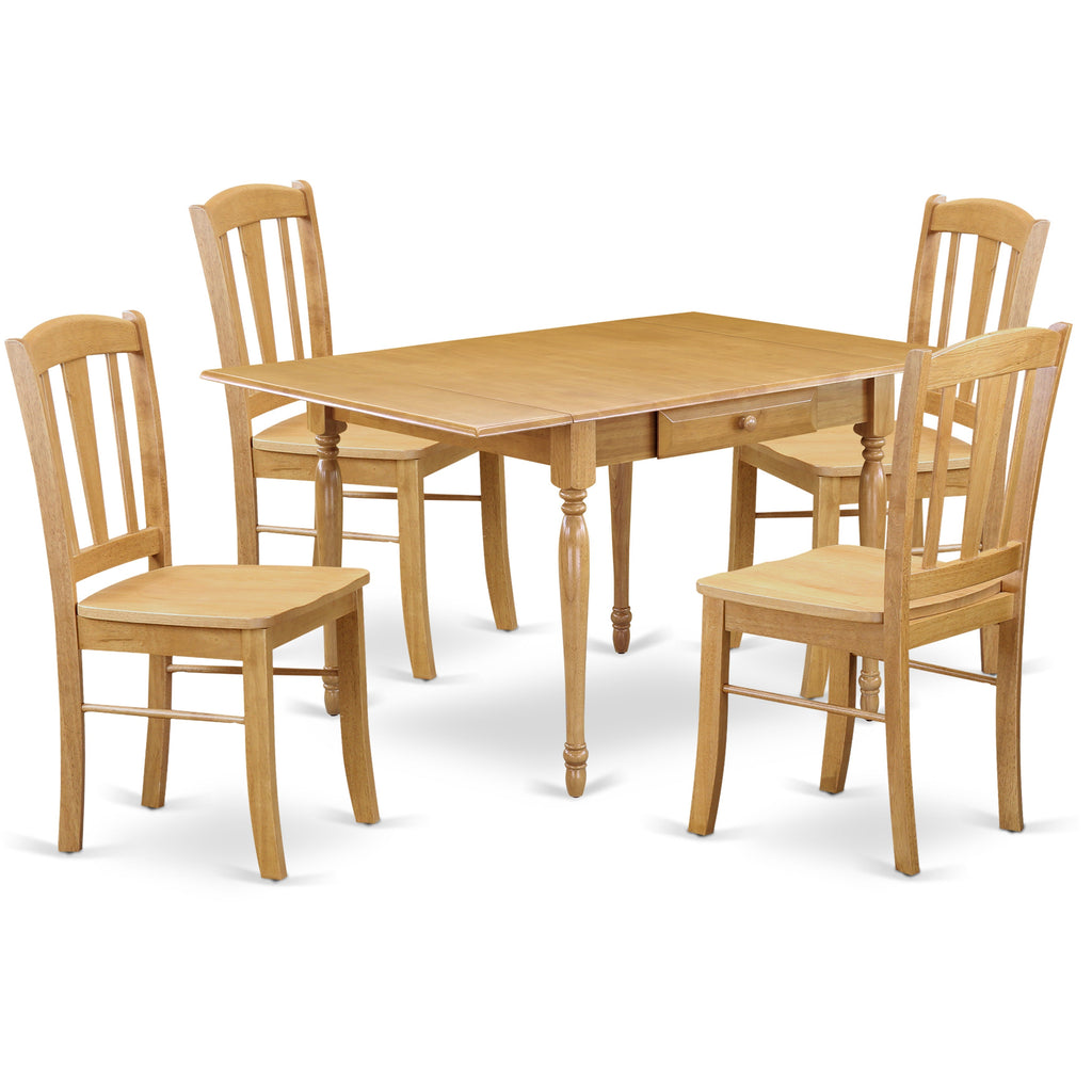 El juego de mesa de comedor de 5 piezas East West Furniture MZDL5-OAK-W incluye una mesa de cocina rectangular con alas abatibles y 4 sillas de comedor.
