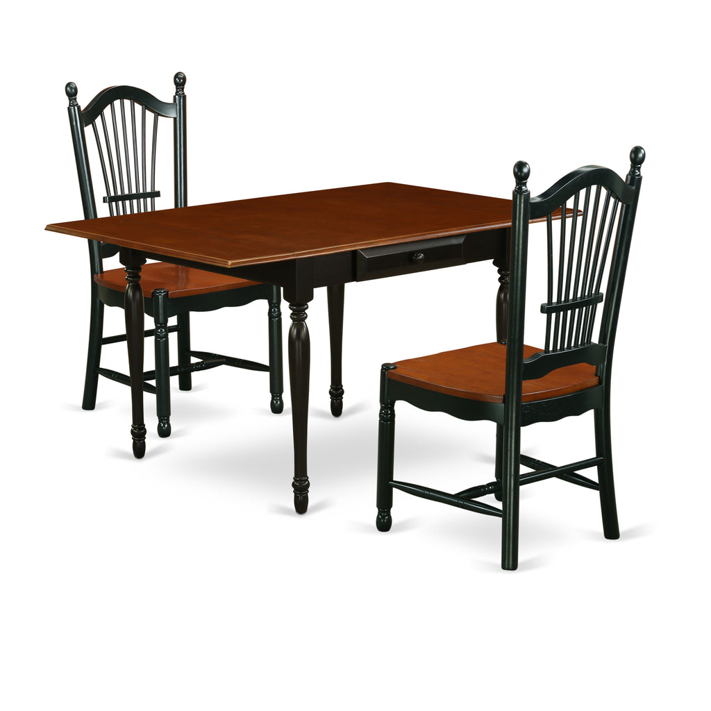 Juego de comedor de 3 piezas East West Furniture MZDO3-BCH-W. Incluye una mesa de comedor rectangular con alas abatibles y 2 sillas de cocina.