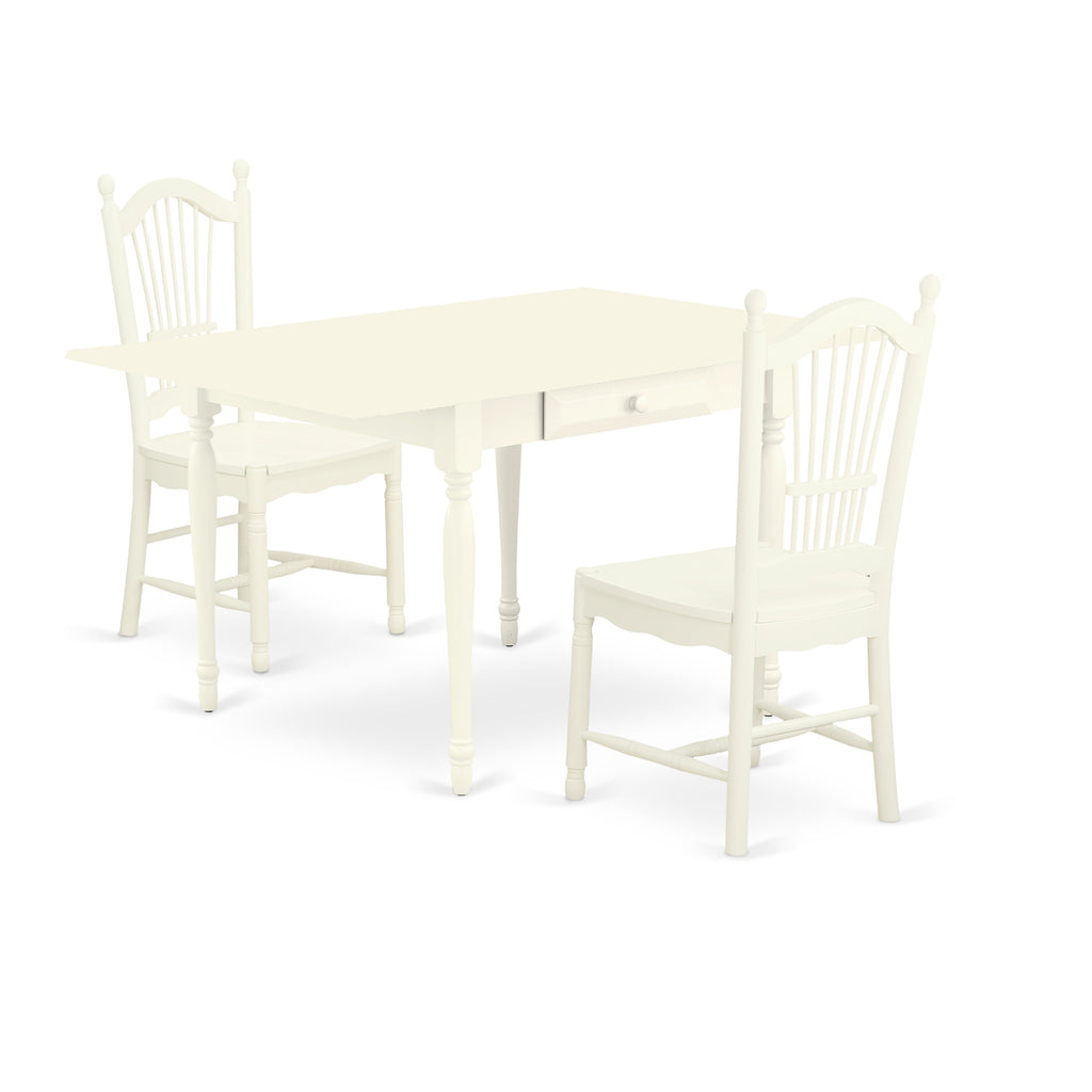 Juego de comedor de 3 piezas East West Furniture MZDO3-LWH-W. Incluye una mesa de comedor rectangular con alas abatibles y 2 sillas con asiento de madera.