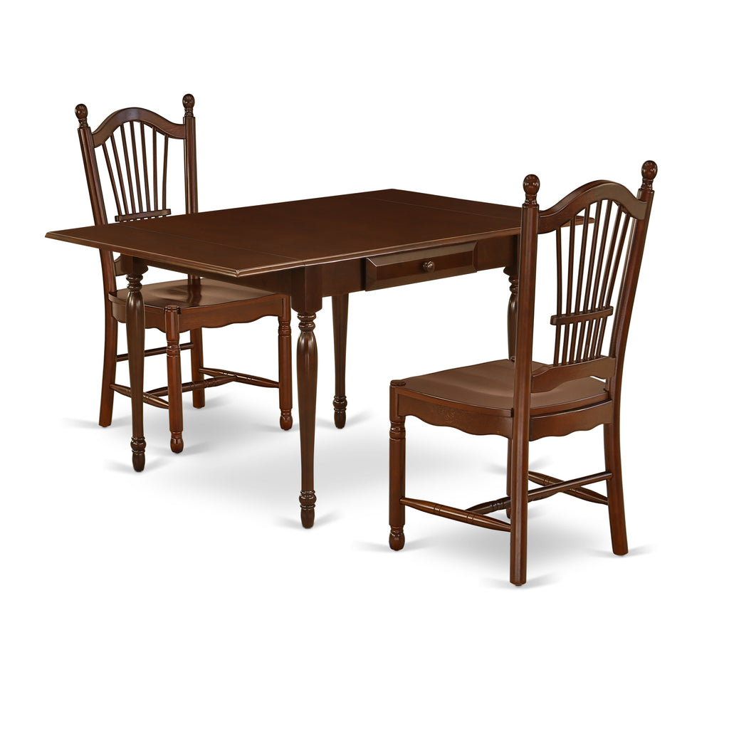 Juego de comedor de 3 piezas East West Furniture MZDO3-MAH-W. Incluye una mesa de cocina rectangular con alas abatibles y 2 sillas de comedor.