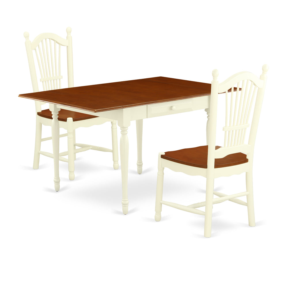Juego de comedor de 3 piezas East West Furniture MZDO3-WHI-W. Incluye una mesa de comedor rectangular con alas abatibles y 2 sillas con asiento de madera.