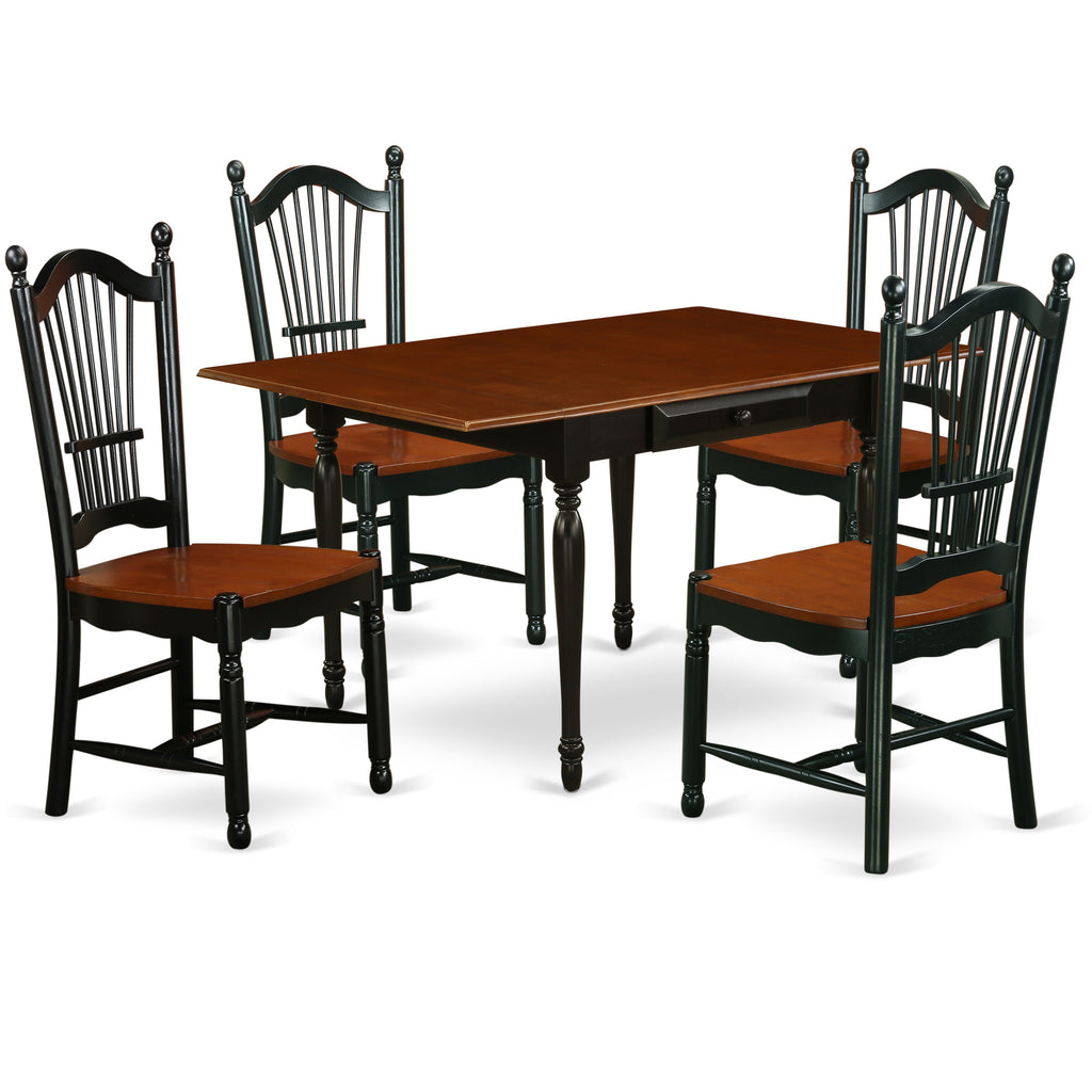 Juego de mesa y sillas de cocina de 5 piezas East West Furniture MZDO5-BCH-W. Incluye una mesa de comedor rectangular con alas abatibles y 4 sillas de comedor.