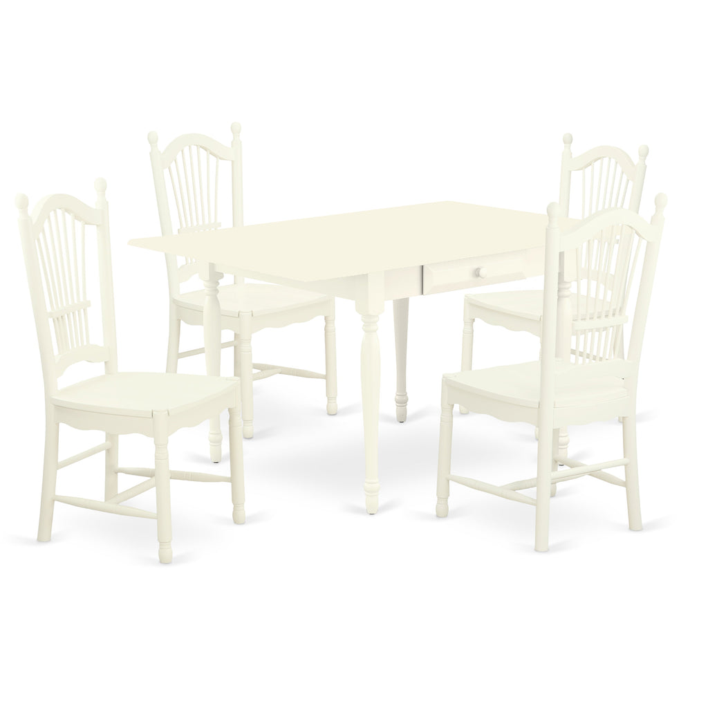 Juego de mesa y sillas de cocina de 5 piezas East West Furniture MZDO5-LWH-W. Incluye una mesa de comedor rectangular con alas abatibles y 4 sillas de comedor.