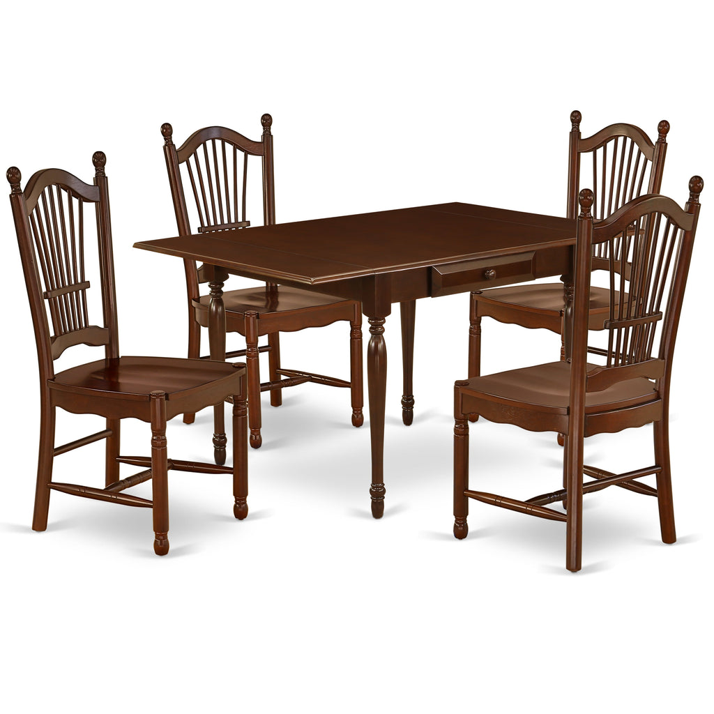 El juego de mesa de comedor de 5 piezas East West Furniture MZDO5-MAH-W incluye una mesa de cocina rectangular con alas abatibles y 4 sillas de comedor.