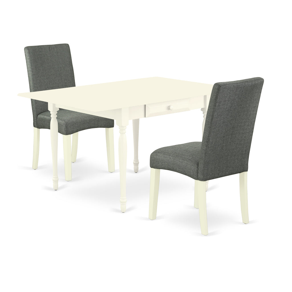 Juego de mesa y sillas de cocina de 3 piezas MZDR3-LWH-07 de East West Furniture. Incluye una mesa de comedor rectangular con alas abatibles y dos sillas Parsons de tela de lino gris.