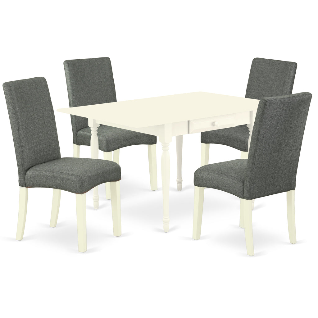 Juego de mesa de cocina de 5 piezas East West Furniture MZDR5-LWH-07 para 4 personas. Incluye una mesa de comedor rectangular con alas abatibles y 4 sillas de comedor Parsons de tela de lino gris.