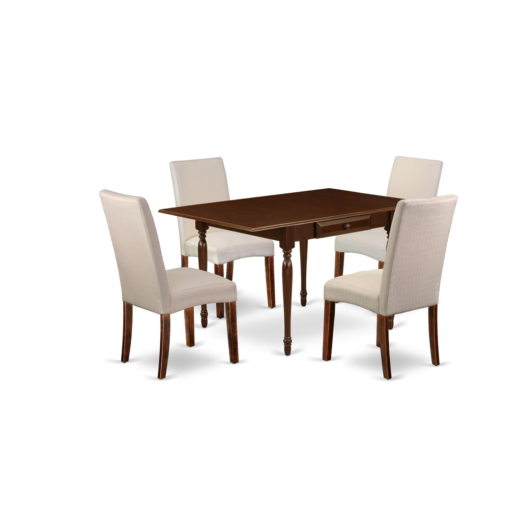 Juego de mesa de cocina de 5 piezas East West Furniture MZDR5-MAH-01 para 4 personas. Incluye una mesa de comedor rectangular con alas abatibles y 4 sillas tapizadas en tela de lino color crema.