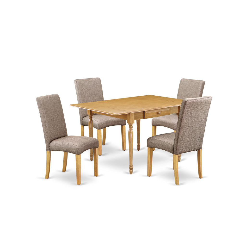 El juego de mesa de comedor de 5 piezas East West Furniture MZDR5-OAK-16 incluye una mesa de comedor rectangular con alas abatibles y 4 sillas Parsons de tela de lino color caqui oscuro.
