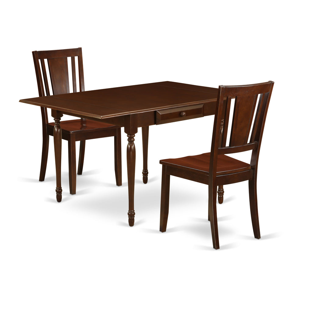 Juego de mesa de comedor de 3 piezas East West Furniture MZDU3-MAH-W para espacios pequeños. Incluye una mesa de comedor rectangular con alas abatibles y dos sillas con asiento de madera.