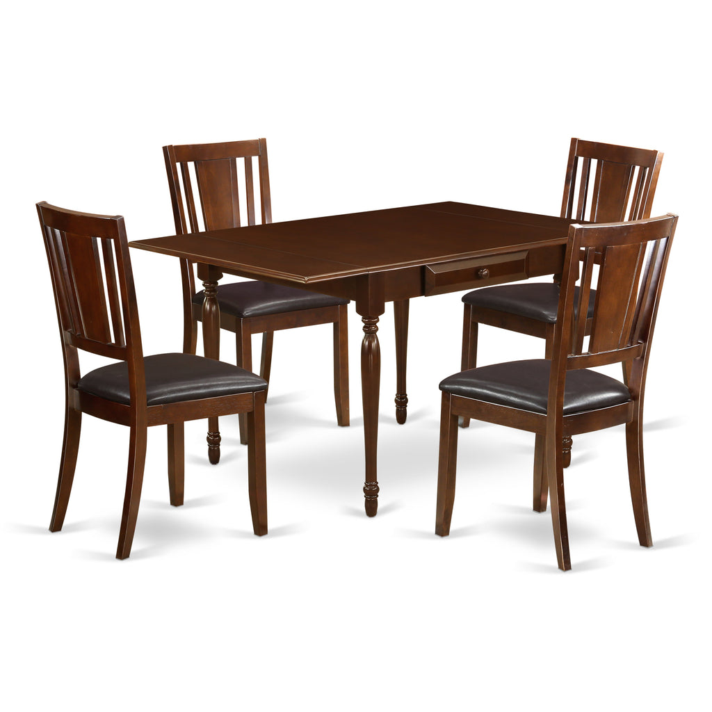 El juego de mesa de comedor de 5 piezas East West Furniture MZDU5-MAH-LC incluye una mesa de cocina rectangular con alas abatibles y 4 sillas de comedor tapizadas en piel sintética.