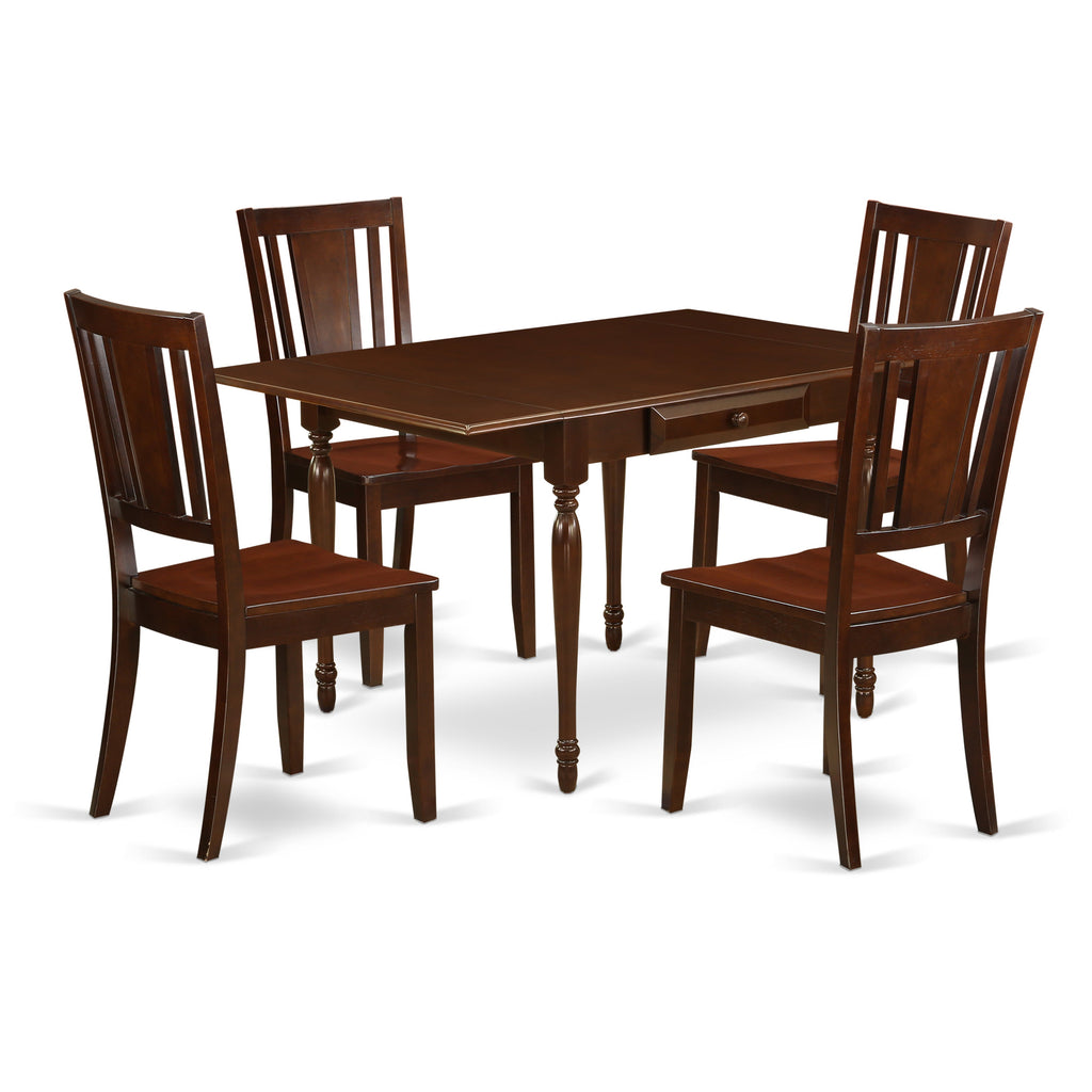 Juego de comedor de 5 piezas East West Furniture MZDU5-MAH-W. Incluye una mesa de comedor rectangular con alas abatibles y 4 sillas de cocina.