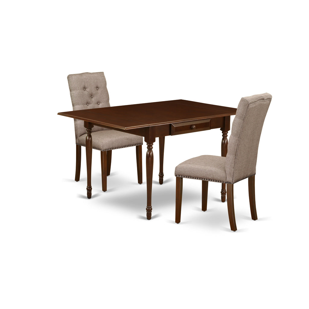Juego de comedor de 3 piezas East West Furniture MZEL3-MAH-16. Incluye una mesa de comedor rectangular con alas abatibles y 2 sillas tapizadas en tela de lino color caqui oscuro.