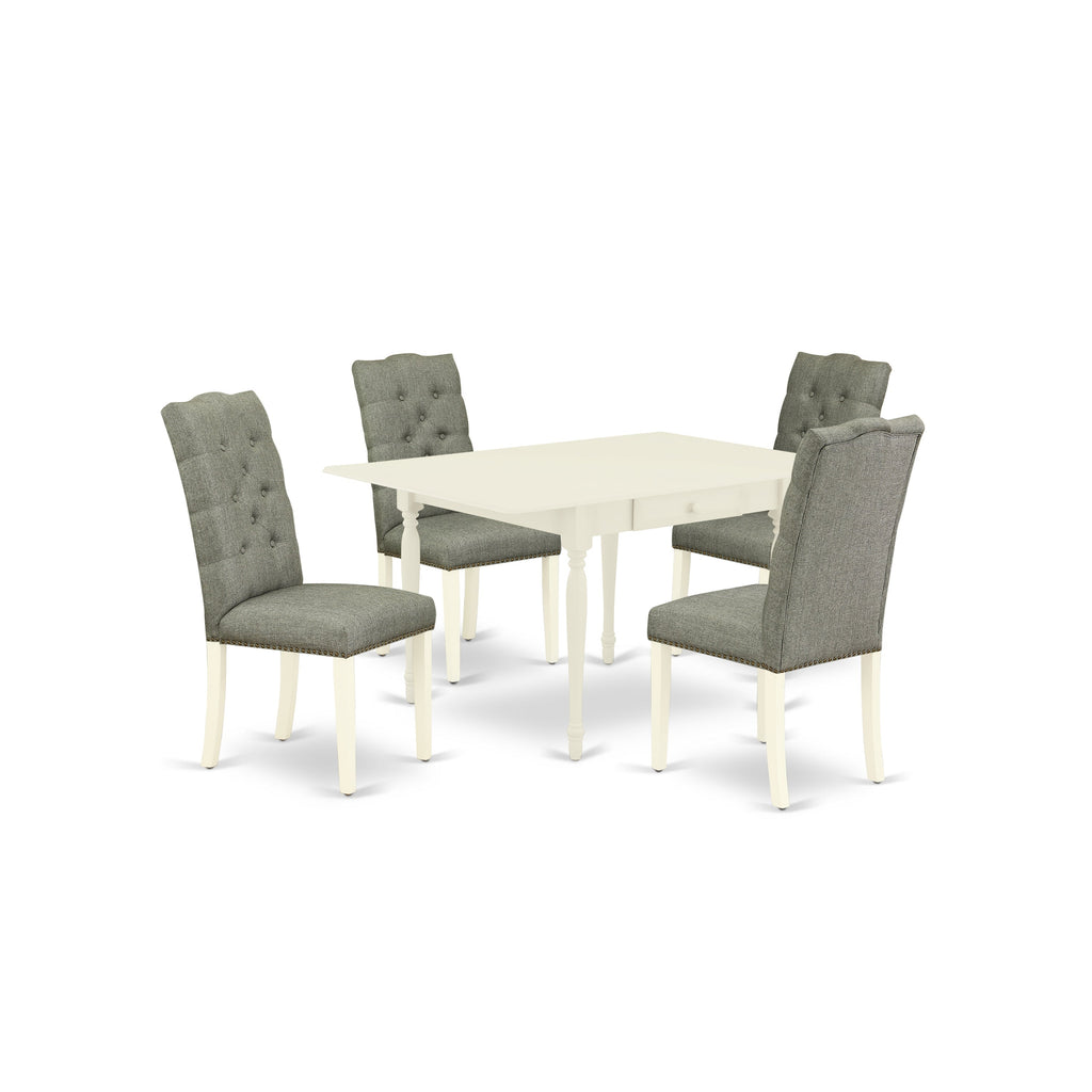Juego de comedor de 5 piezas East West Furniture MZEL5-LWH-07 para 4 personas. Incluye una mesa de comedor rectangular con alas abatibles y 4 sillas Parson tapizadas en tela de lino gris.