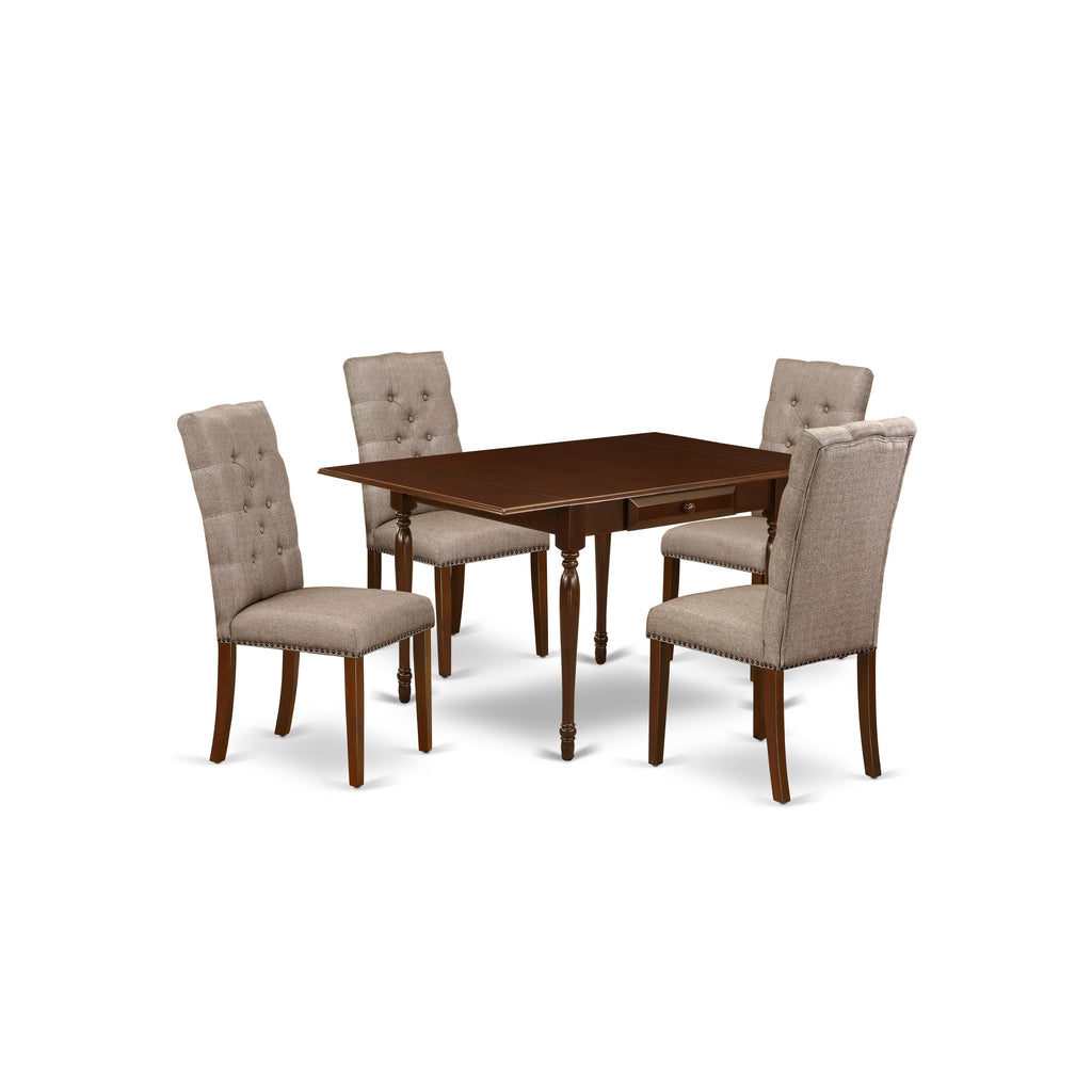 Juego de comedor de 5 piezas East West Furniture MZEL5-MAH-16. Incluye una mesa de comedor rectangular con alas abatibles y 4 sillas tapizadas en tela de lino color caqui oscuro.