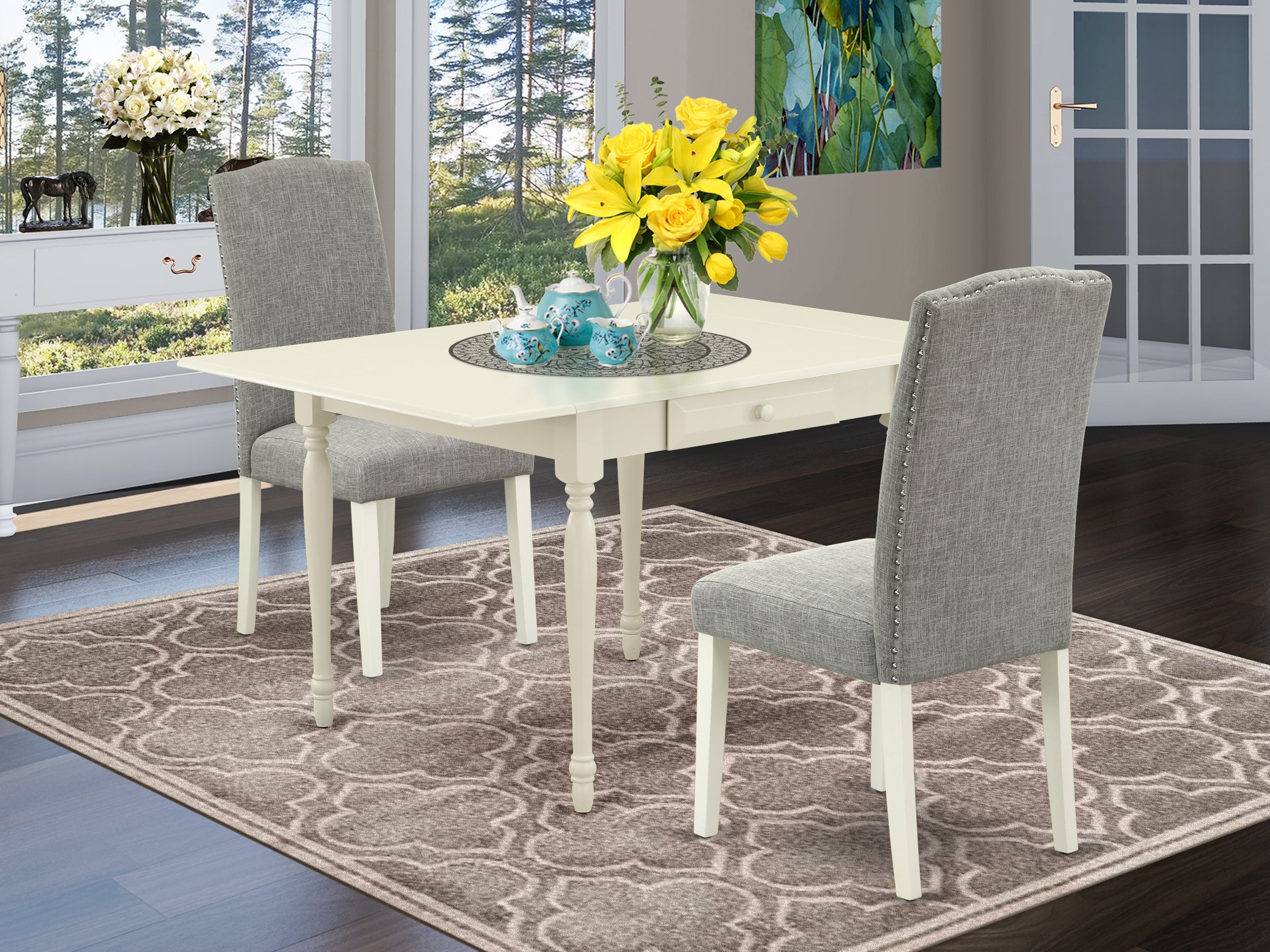 East West Furniture 1MZEN3-LWH-06 3Pc Dining Table Set Contains a Wood Dining Table and 2 Parsons Chairs with Shitake Color Linen Fabric, Drop Leaf Table with Full Back Chairs, Linen White Finish