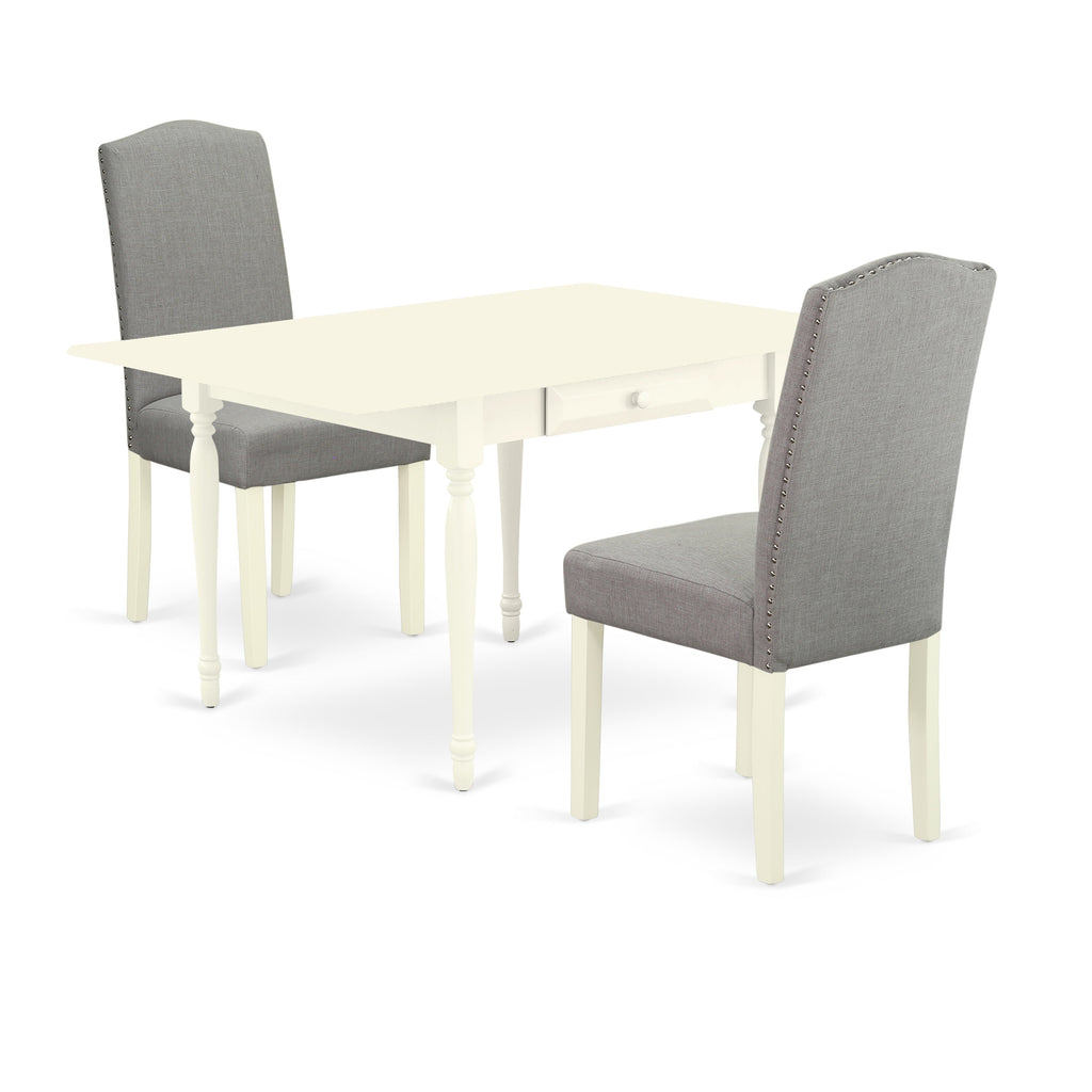 East West Furniture 1MZEN3-LWH-06 3Pc Dining Table Set Contains a Wood Dining Table and 2 Parsons Chairs with Shitake Color Linen Fabric, Drop Leaf Table with Full Back Chairs, Linen White Finish