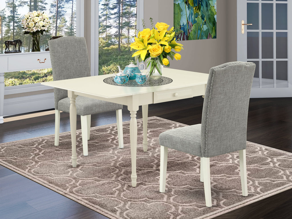 East West Furniture 1MZEN3-LWH-06 3Pc Dining Table Set Contains a Wood Dining Table and 2 Parsons Chairs with Shitake Color Linen Fabric, Drop Leaf Table with Full Back Chairs, Linen White Finish