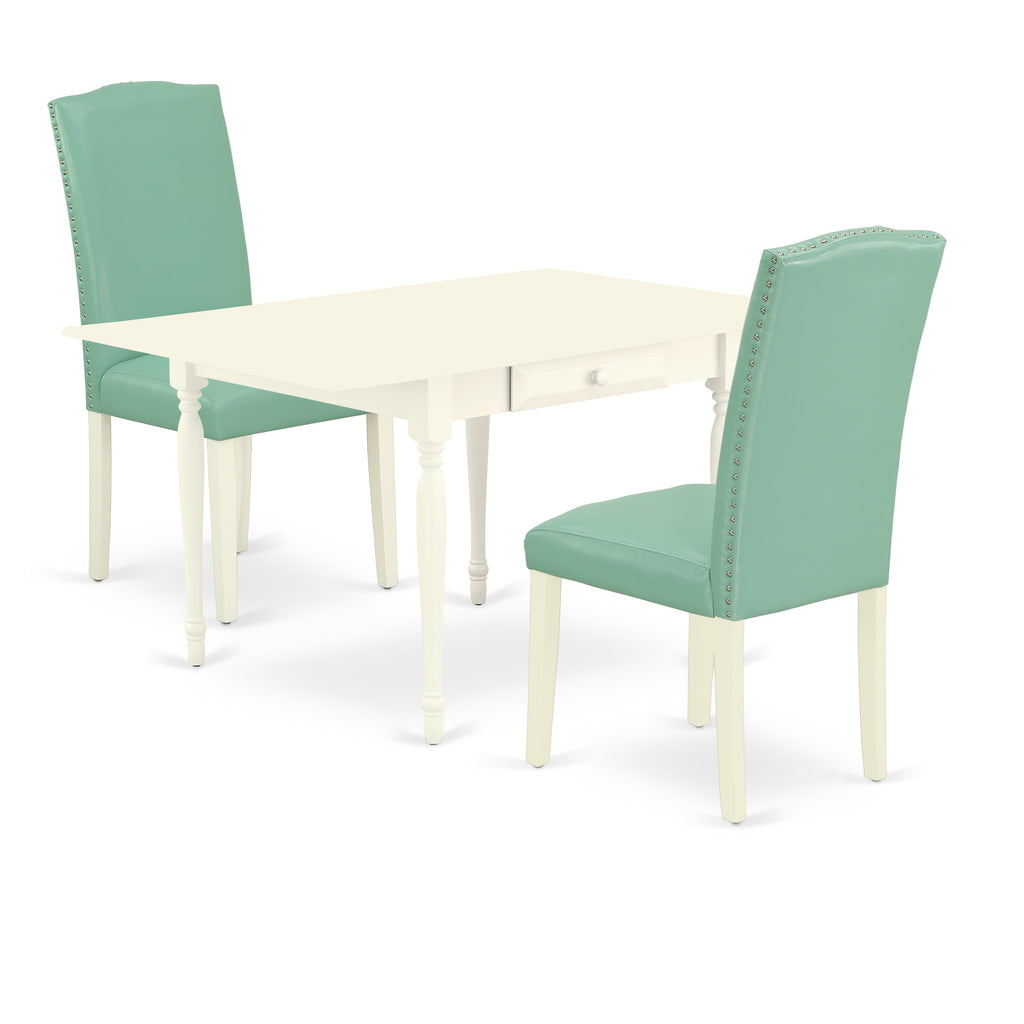 East West Furniture MZEN3-LWH-57 3 Piece Dining Set Contains a Rectangle Dining Room Table with Dropleaf and 2 Pond Faux Leather Upholstered Parson Chairs