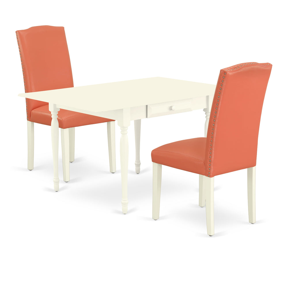 East West Furniture MZEN3-LWH-78 3 Piece Dining Room Furniture Set Contains a Rectangle Dining Table with Dropleaf and 2 Pink Flamingo Faux Leather Parsons Chairs