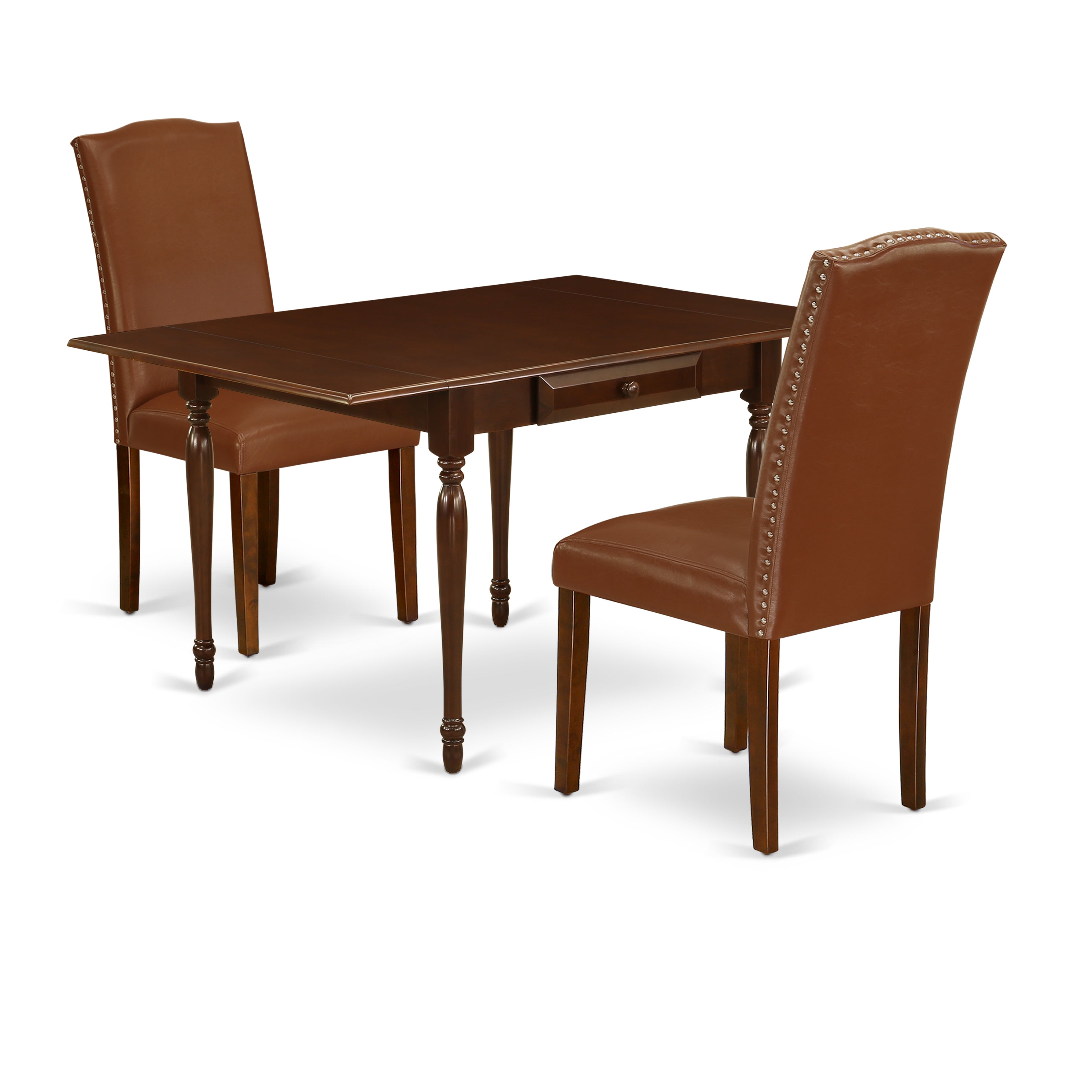 Juego de mesa de comedor de 3 piezas East West Furniture MZEN3-MAH-66. Incluye una mesa de cocina rectangular con alas abatibles y dos sillas de comedor Parson de cuero sintético marrón.