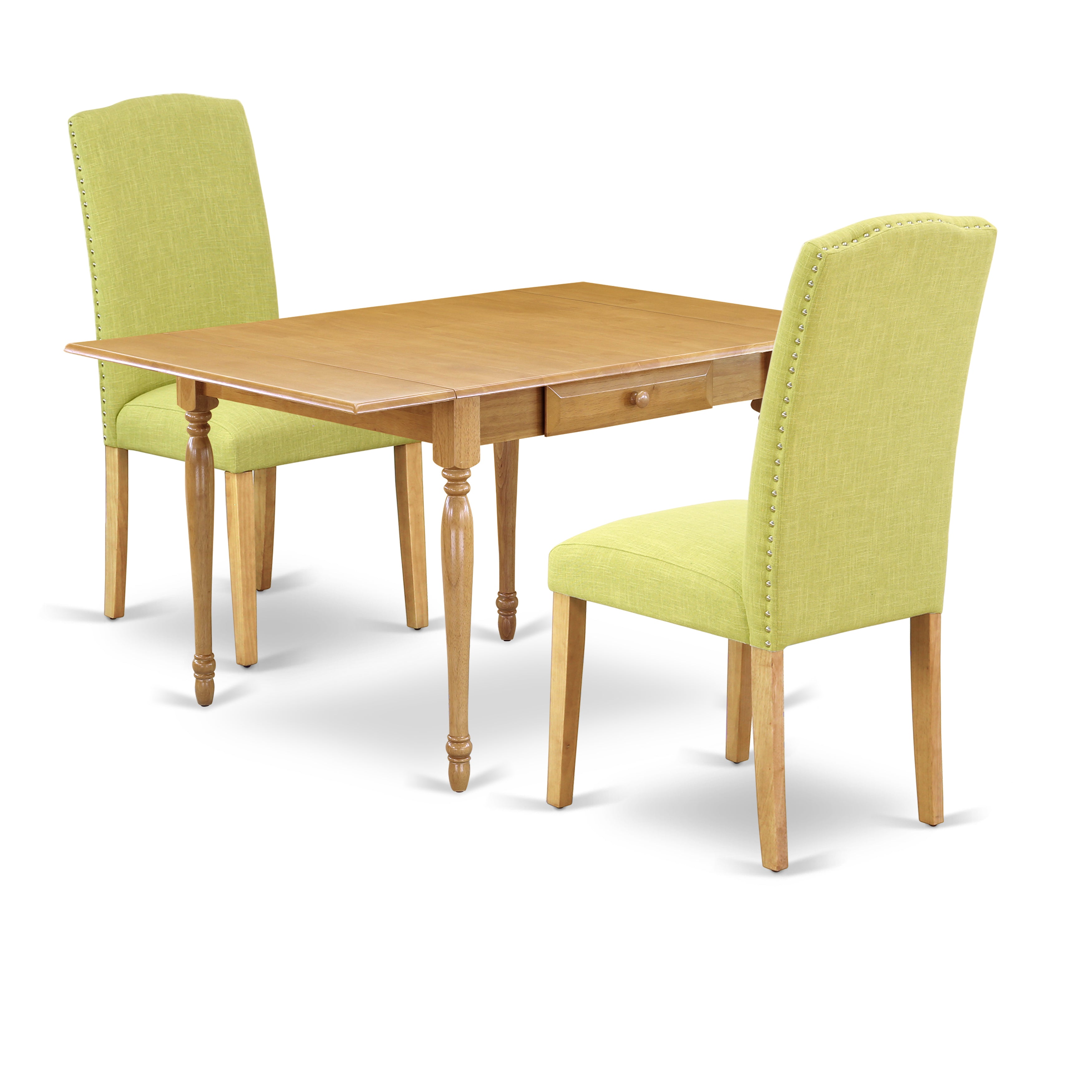Juego de mesa de comedor de 3 piezas East West Furniture MZEN3-OAK-07. Incluye una mesa de comedor rectangular con alas abatibles y dos sillas tapizadas en tela de lino Limelight.