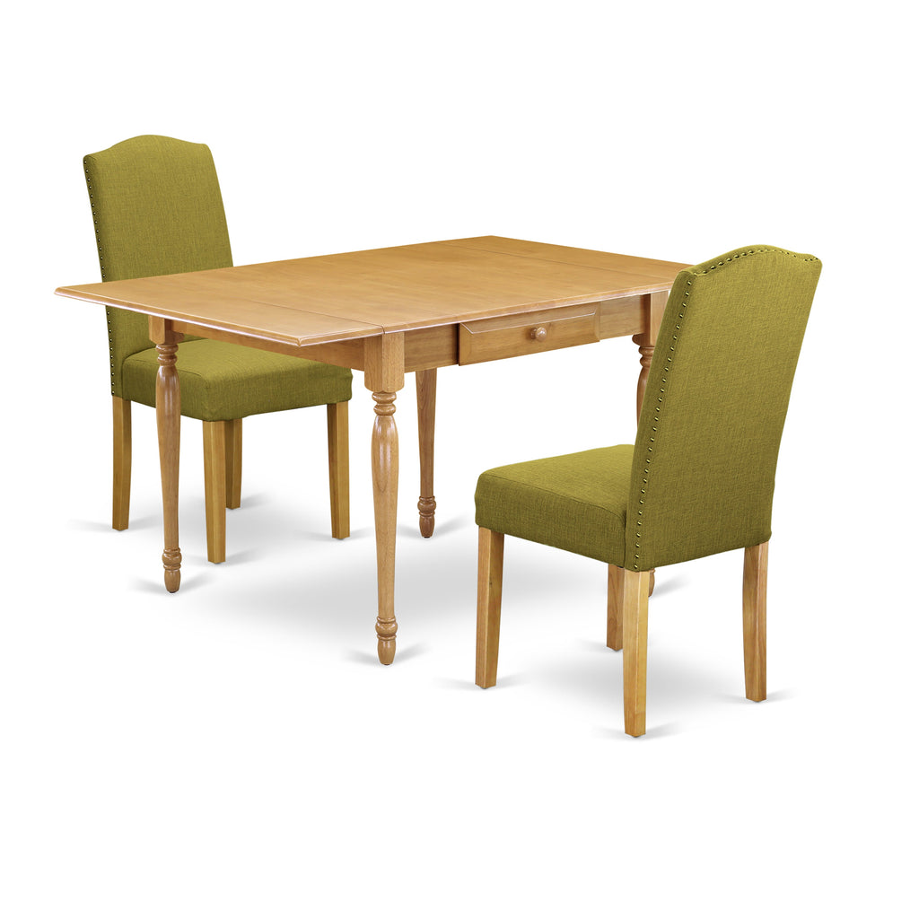 East West Furniture MZEN3-OAK-08 3 Piece Modern Dining Table Set Contains a Rectangle Wooden Table with Dropleaf and 2 Linen Fabric Parson Dining Room Chairs