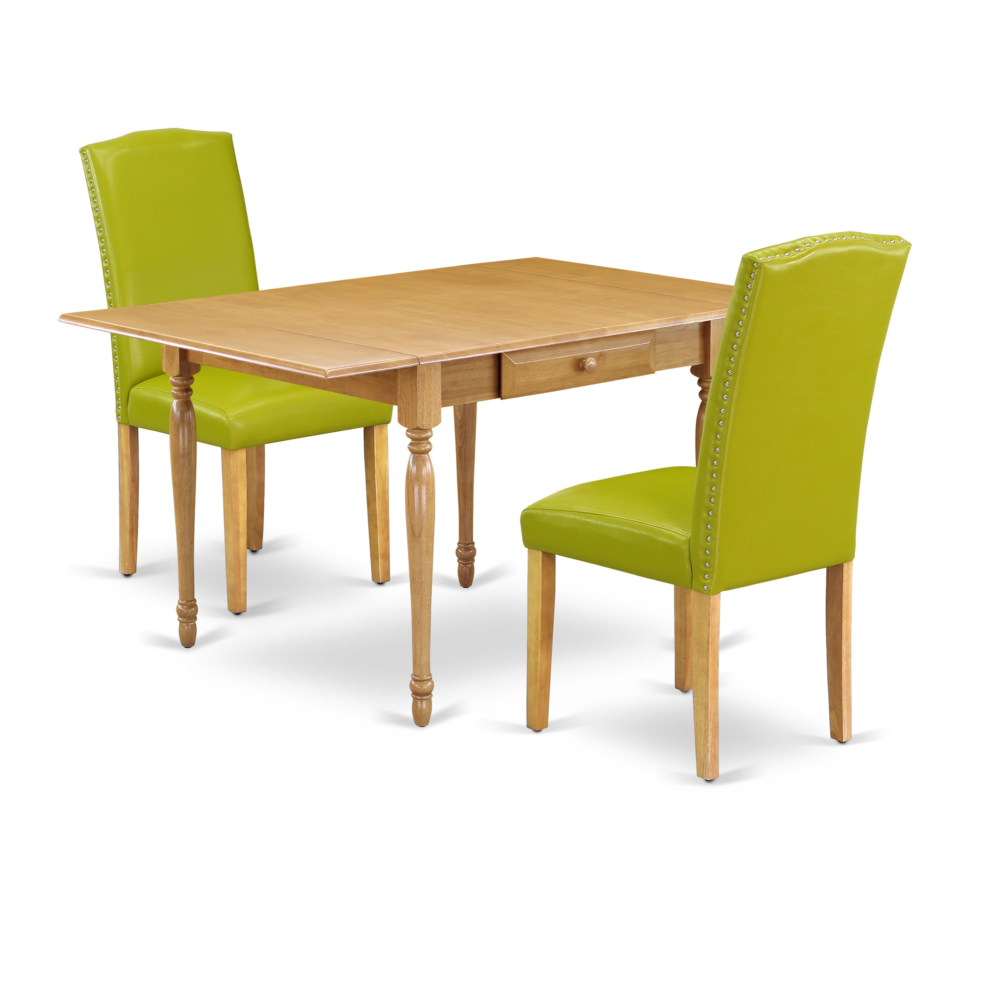 Juego de mesa de comedor de 3 piezas East West Furniture MZEN3-OAK-51. Incluye una mesa de comedor rectangular con alas abatibles y dos sillas tapizadas en piel sintética verde otoño.