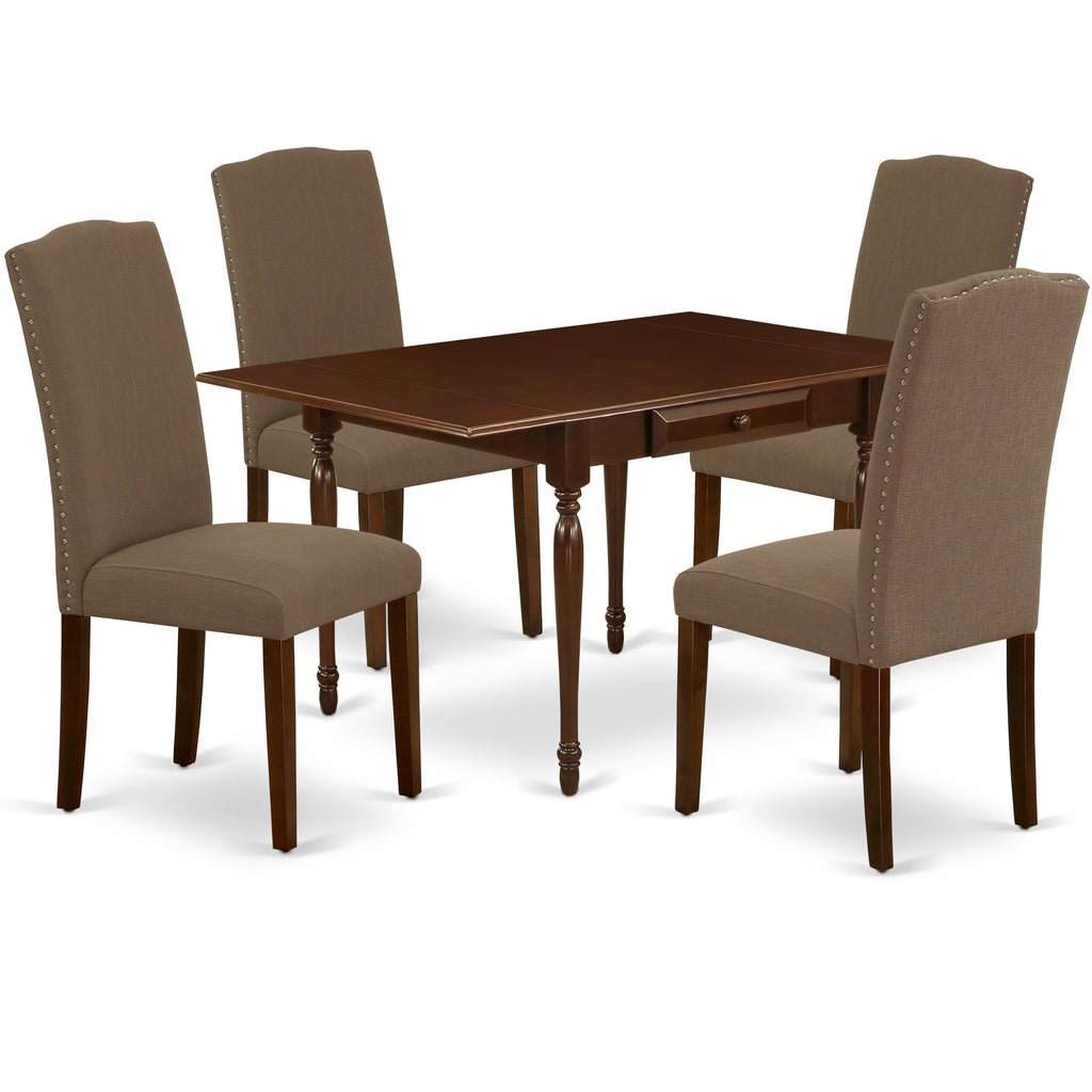 East West Furniture MZEN5-MAH-18 5 Piece Modern Dining Table Set Includes a Rectangle Wooden Table with Dropleaf and 4 Dark Coffee Linen Fabric Parson Dining Chairs