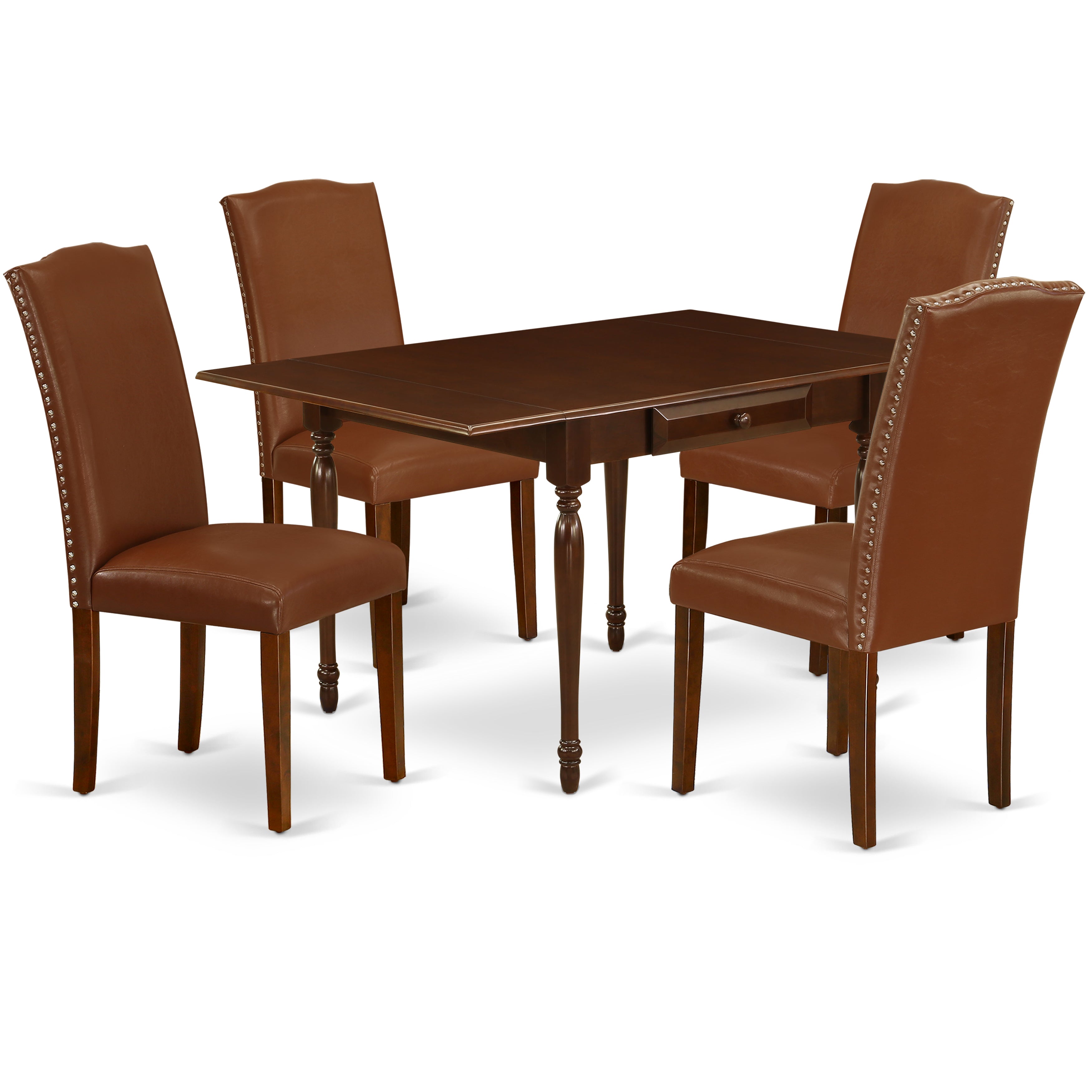 El juego de comedor de 5 piezas East West Furniture MZEN5-MAH-66 incluye una mesa de comedor rectangular con alas abatibles y 4 sillas de comedor Parsons de cuero sintético marrón.