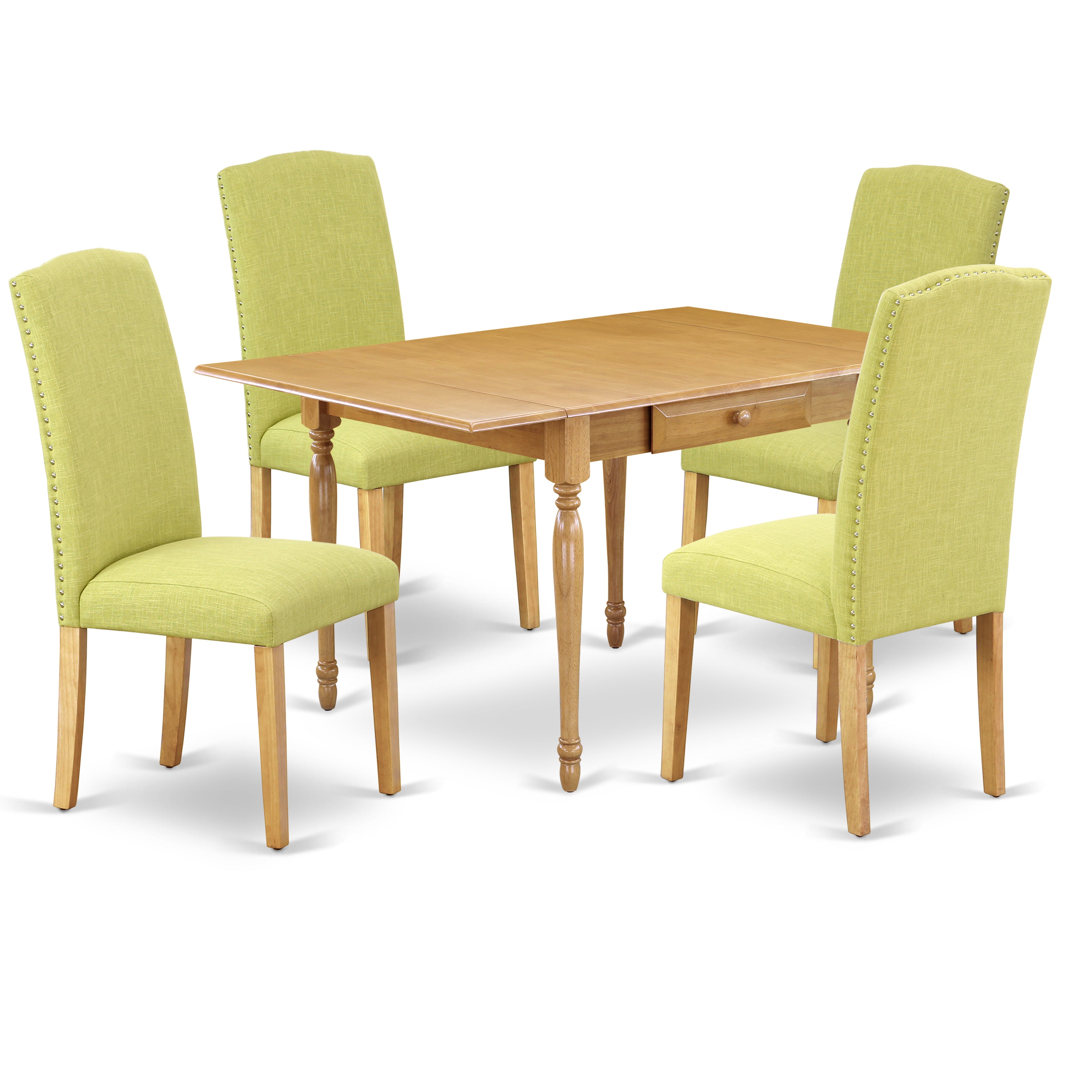 East West Furniture MZEN5-OAK-07 5Pc Dining Room Table Set Consists of a Small Dining Table and 4 Parson Chairs with Limelight Color Linen Fabric, Drop Leaf Table with Full Back Chairs, Oak Finish