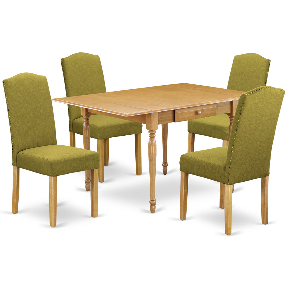 East West Furniture MZEN5-OAK-08 5 Piece Modern Dining Table Set Includes a Rectangle Wooden Table with Dropleaf and 4 Linen Fabric Parson Chairs