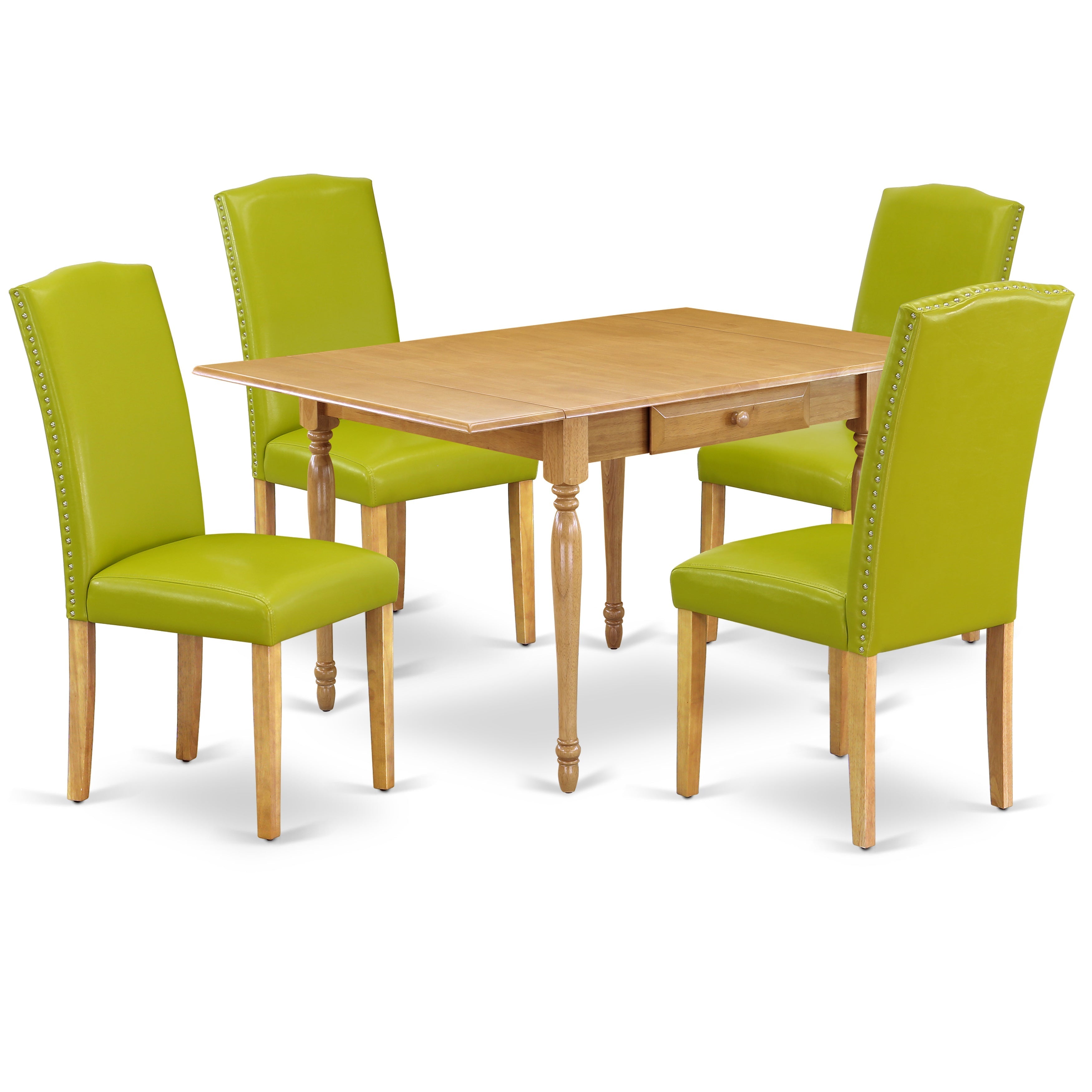 East West Furniture MZEN5-OAK-51 5Pc Dinette Sets for Small Spaces Offers a Wood Dining Table and 4 Parson Dining Chairs with Autumn Green Color PU Leather, Drop Leaf Table with Full Back Chairs, Oak Finish