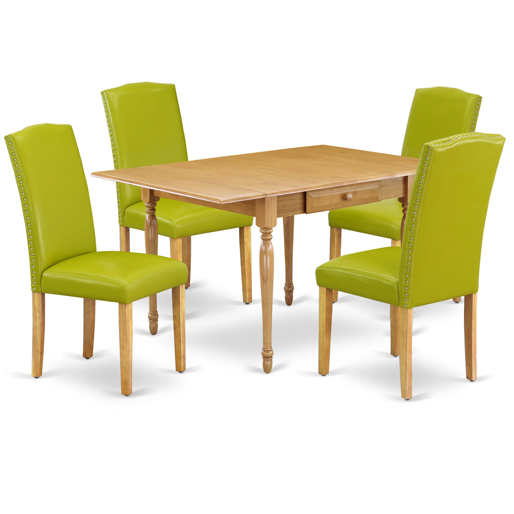 El juego de comedor de 5 piezas East West Furniture MZEN5-OAK-51 incluye una mesa de comedor rectangular con alas abatibles y 4 sillas Parson de cuero sintético verde otoño.