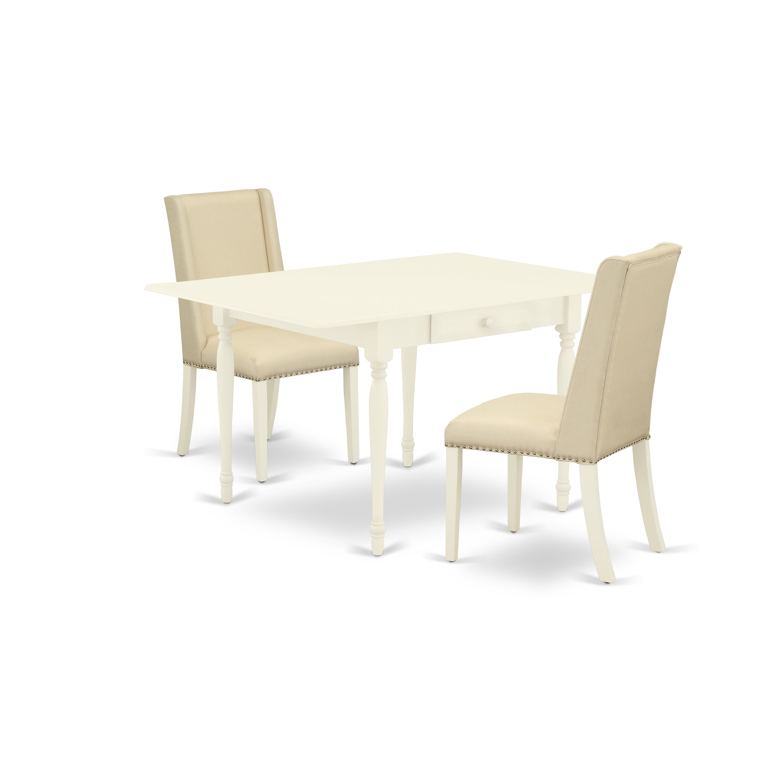 Juego de comedor de 3 piezas East West Furniture MZFL3-LWH-01. Incluye una mesa de comedor rectangular con alas abatibles y dos sillas tapizadas en tela de lino color crema.