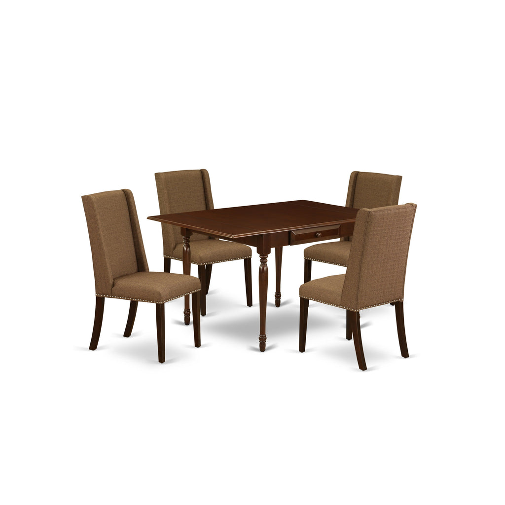 Juego de mesa de comedor moderna de 5 piezas East West Furniture MZFL5-MAH-18. Incluye una mesa rectangular de madera con alas abatibles y 4 sillas tapizadas en tela de lino marrón.