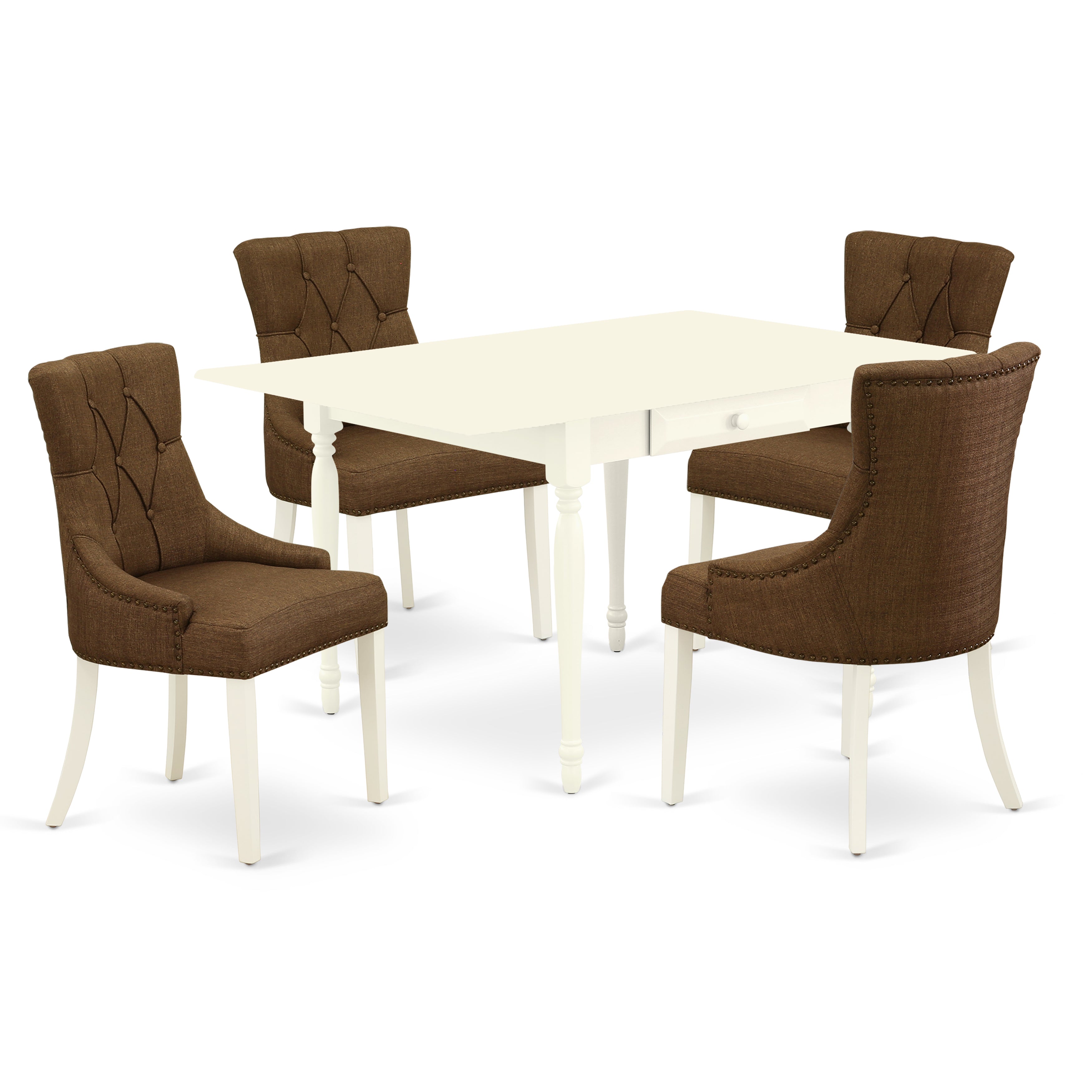 El juego de mesa de comedor de 5 piezas East West Furniture MZFR5-LWH-18 incluye una mesa de comedor rectangular con alas abatibles y 4 sillas tapizadas en tela de lino marrón.