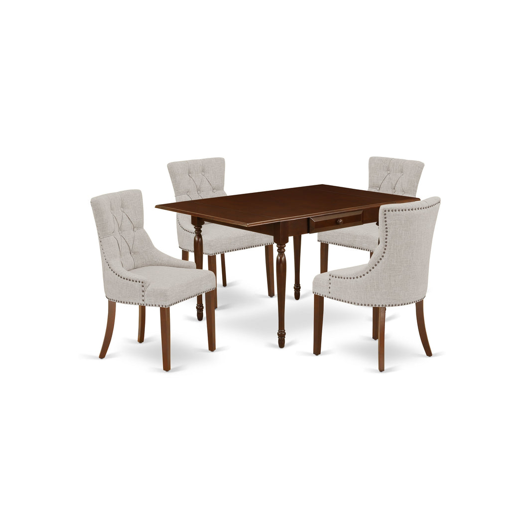 Juego de mesa de comedor moderna de 5 piezas East West Furniture MZFR5-MAH-05. Incluye una mesa rectangular de madera con alas abatibles y 4 sillas de comedor Parson de tela de lino y piel de venado.