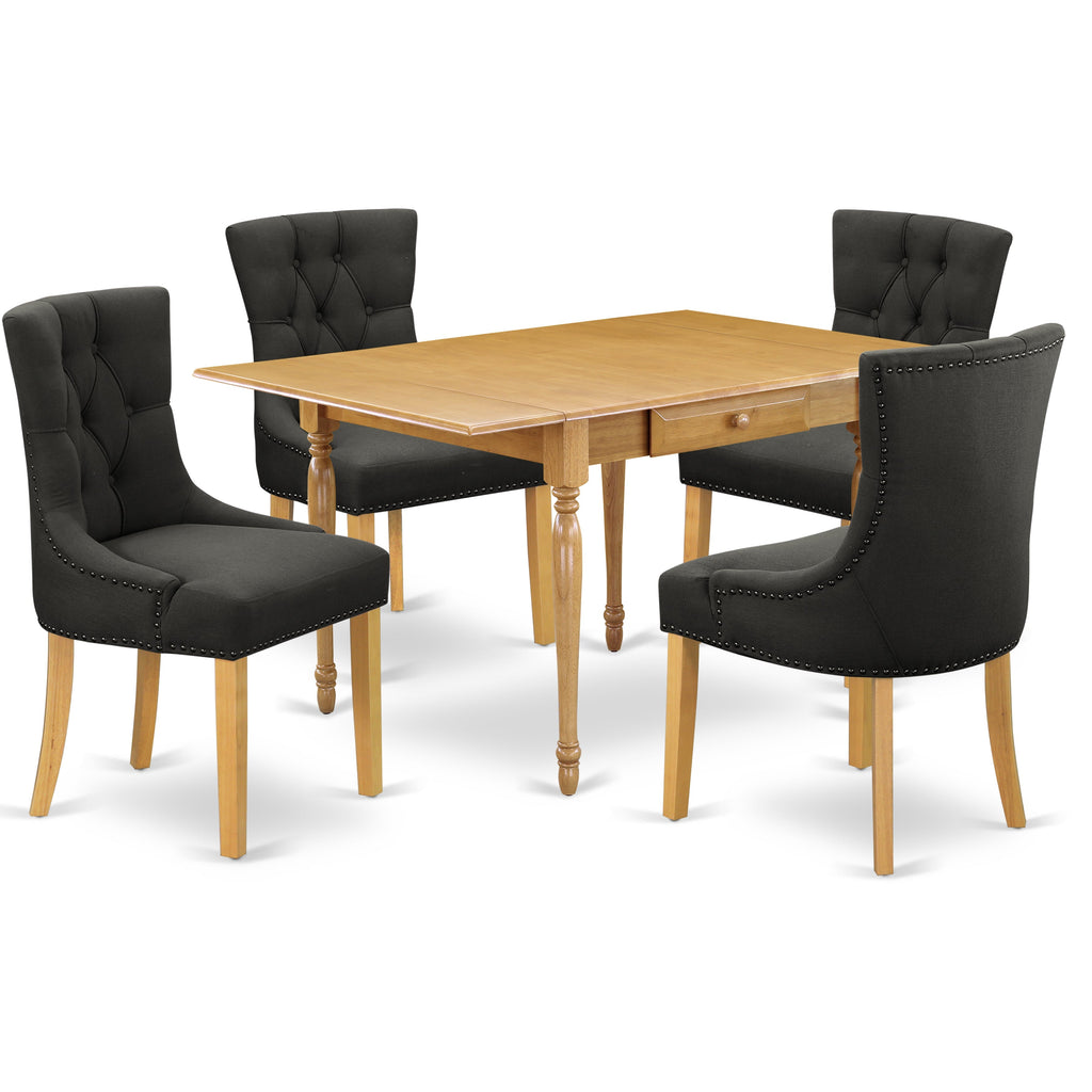 El juego de mesa de comedor moderno de 5 piezas East West Furniture MZFR5-OAK-20 incluye una mesa rectangular de madera con alas abatibles y 4 sillas de comedor Parsons de tela de lino Gotham oscuro.